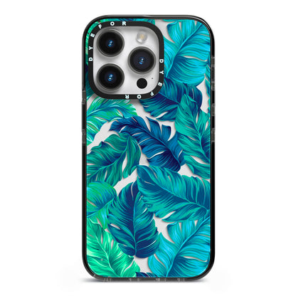 Tropical Leaves iPhone 14 Pro Black Impact Case on Silver phone