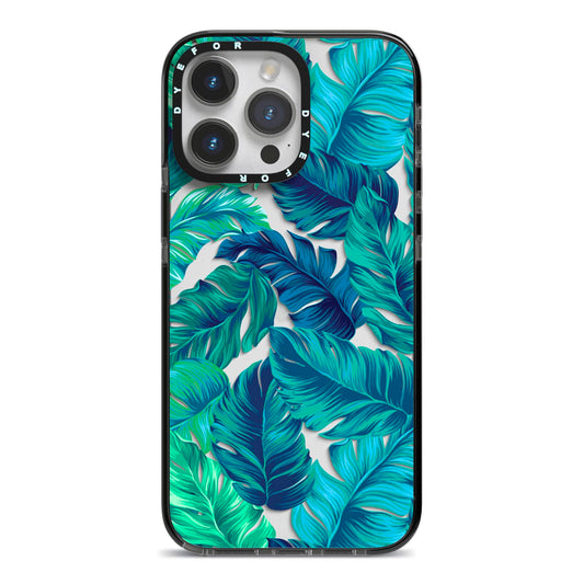 Tropical Leaves iPhone 14 Pro Max Black Impact Case on Silver phone