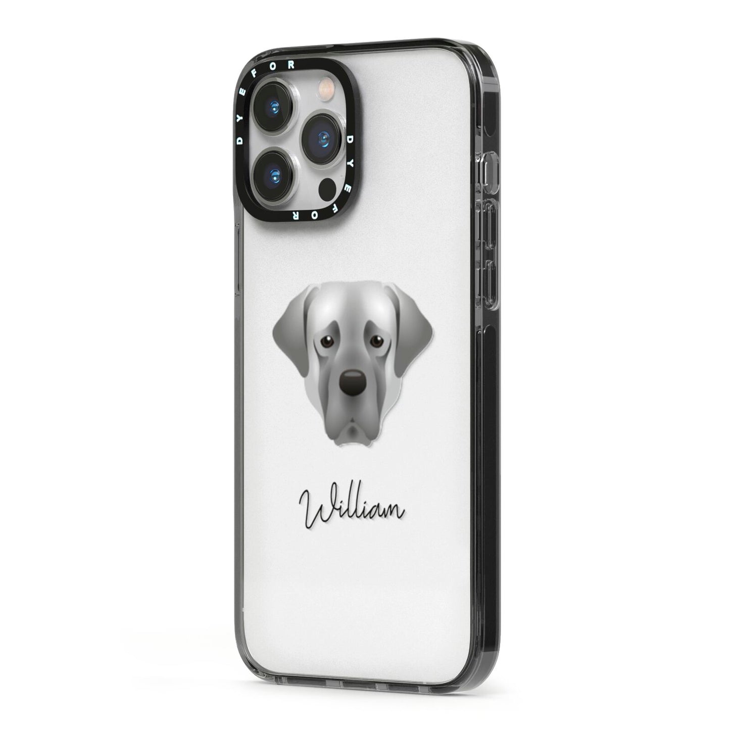 Turkish Kangal Dog Personalised iPhone 13 Pro Max Black Impact Case Side Angle on Silver phone