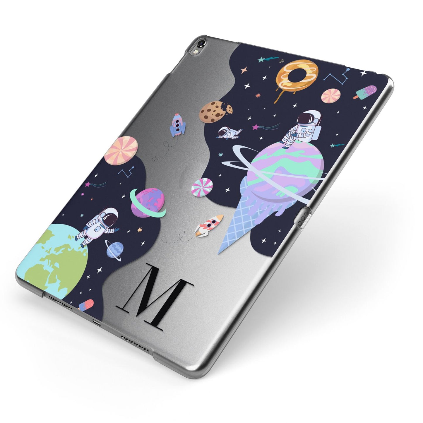 Two Candyland Galaxies Apple iPad Case on Grey iPad Side View