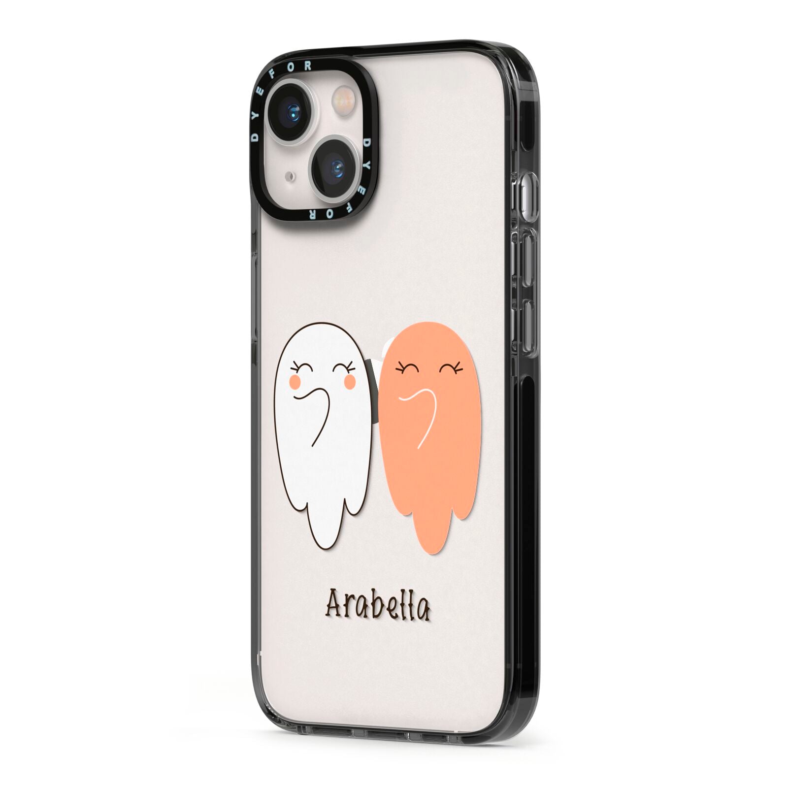 Two Ghosts iPhone 13 Black Impact Case Side Angle on Silver phone