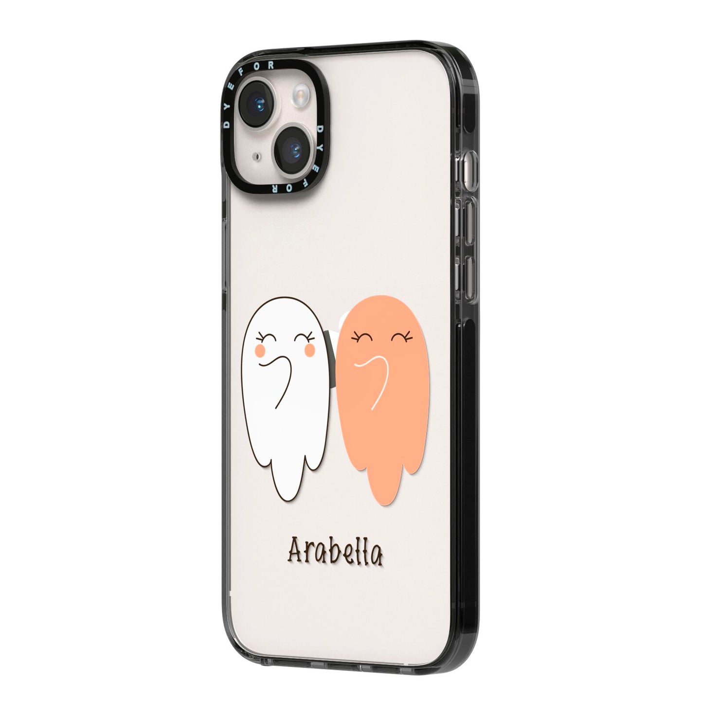 Two Ghosts iPhone 14 Plus Black Impact Case Side Angle on Silver phone