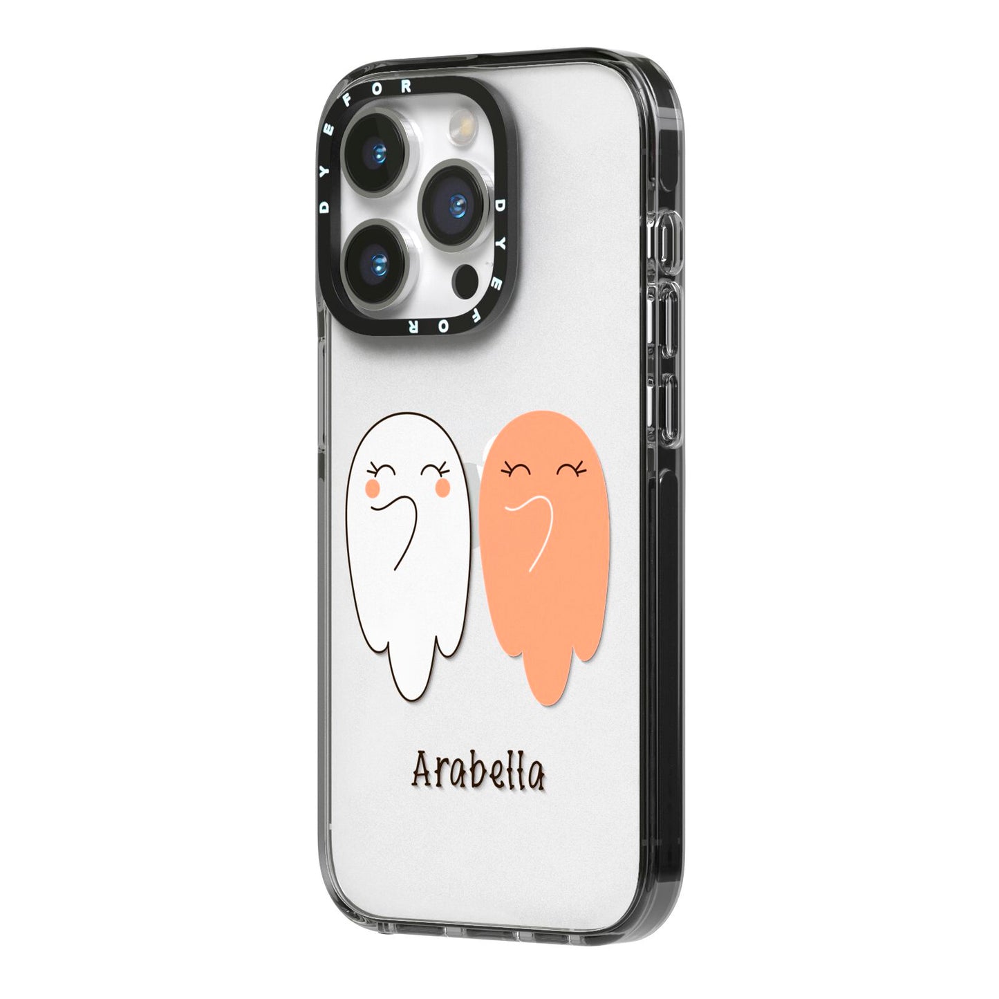 Two Ghosts iPhone 14 Pro Black Impact Case Side Angle on Silver phone