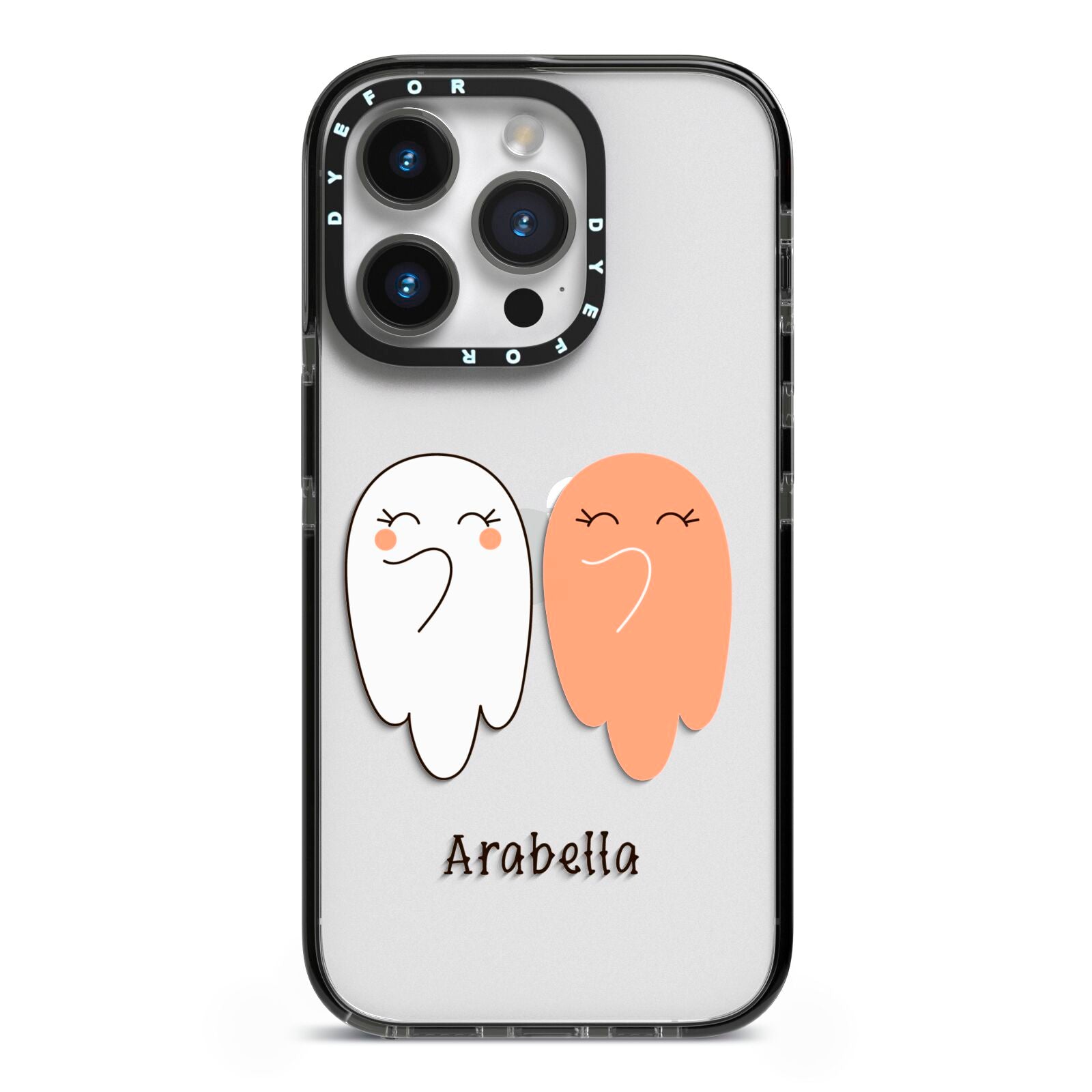 Two Ghosts iPhone 14 Pro Black Impact Case on Silver phone