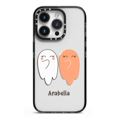 Two Ghosts iPhone 14 Pro Black Impact Case on Silver phone