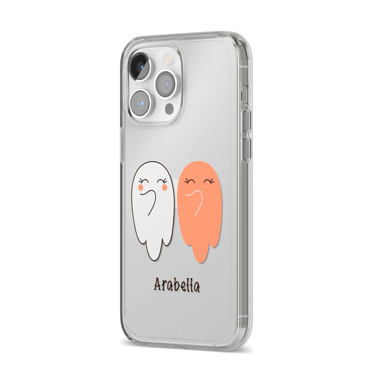 Two Ghosts iPhone 14 Pro Max Clear Tough Case Silver Angled Image