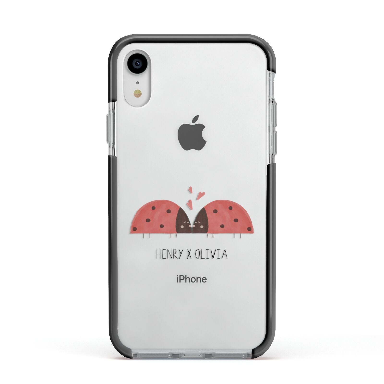 Two Ladybirds Apple iPhone XR Impact Case Black Edge on Silver Phone
