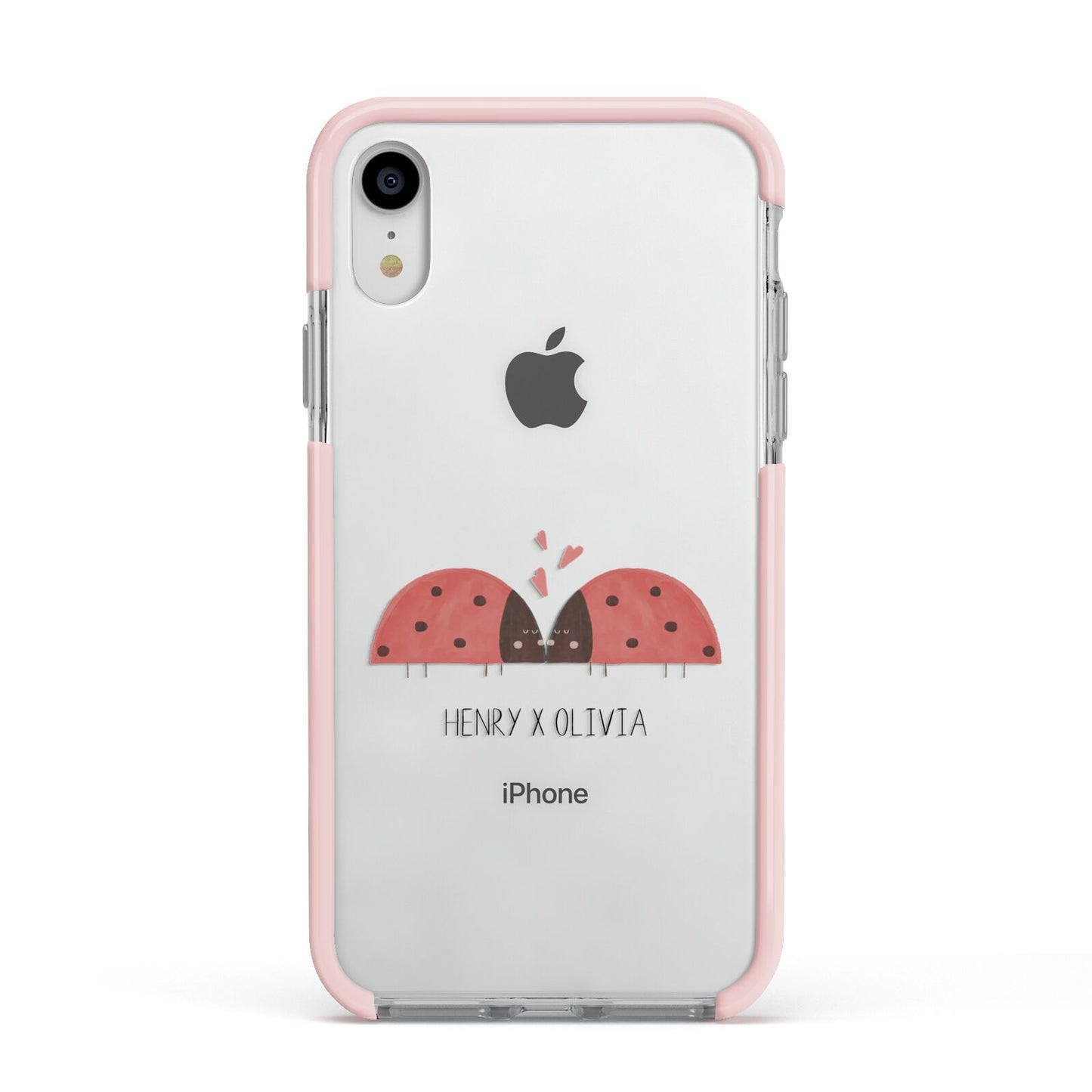 Two Ladybirds Apple iPhone XR Impact Case Pink Edge on Silver Phone