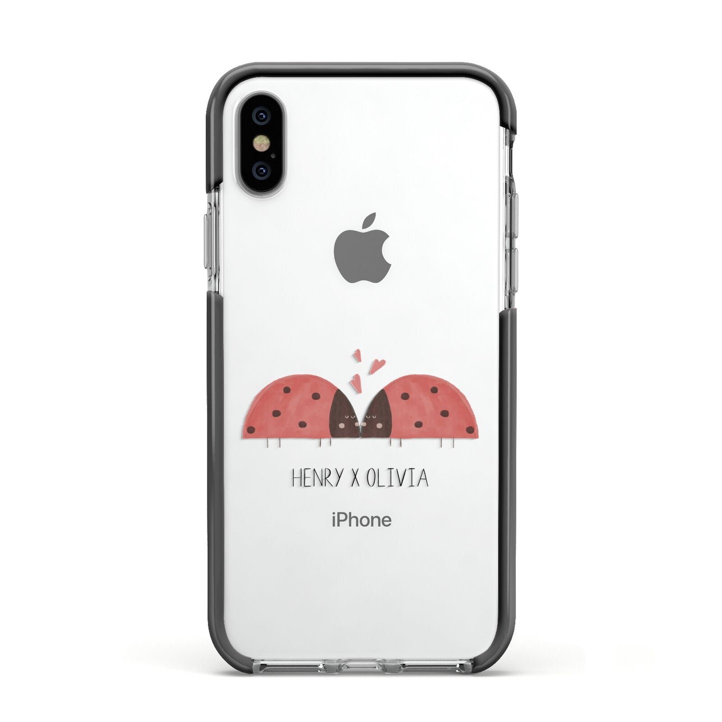 Two Ladybirds Apple iPhone Xs Impact Case Black Edge on Silver Phone