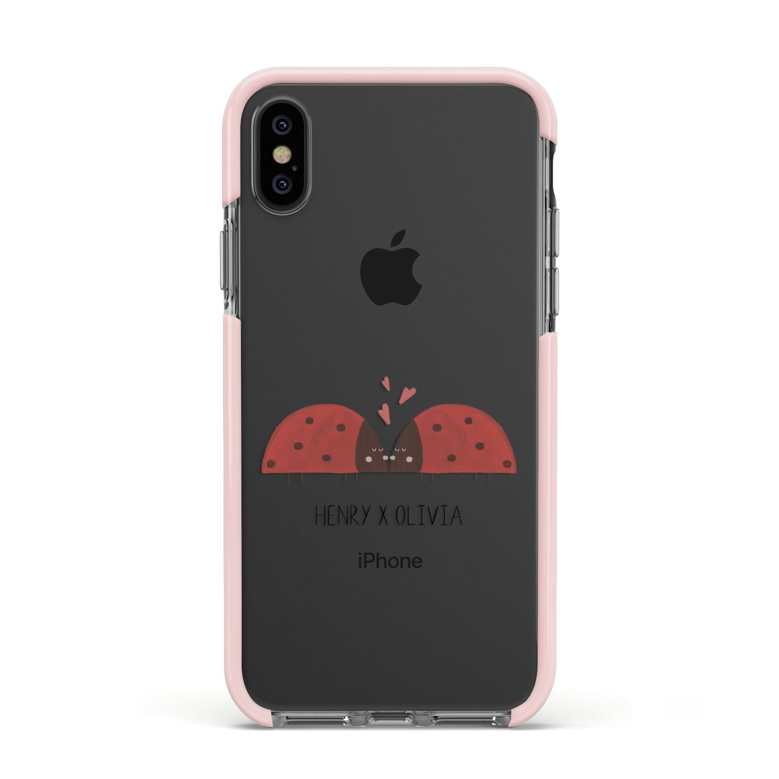 Two Ladybirds Apple iPhone Xs Impact Case Pink Edge on Black Phone