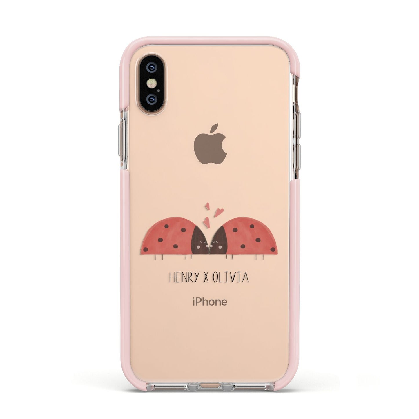 Two Ladybirds Apple iPhone Xs Impact Case Pink Edge on Gold Phone