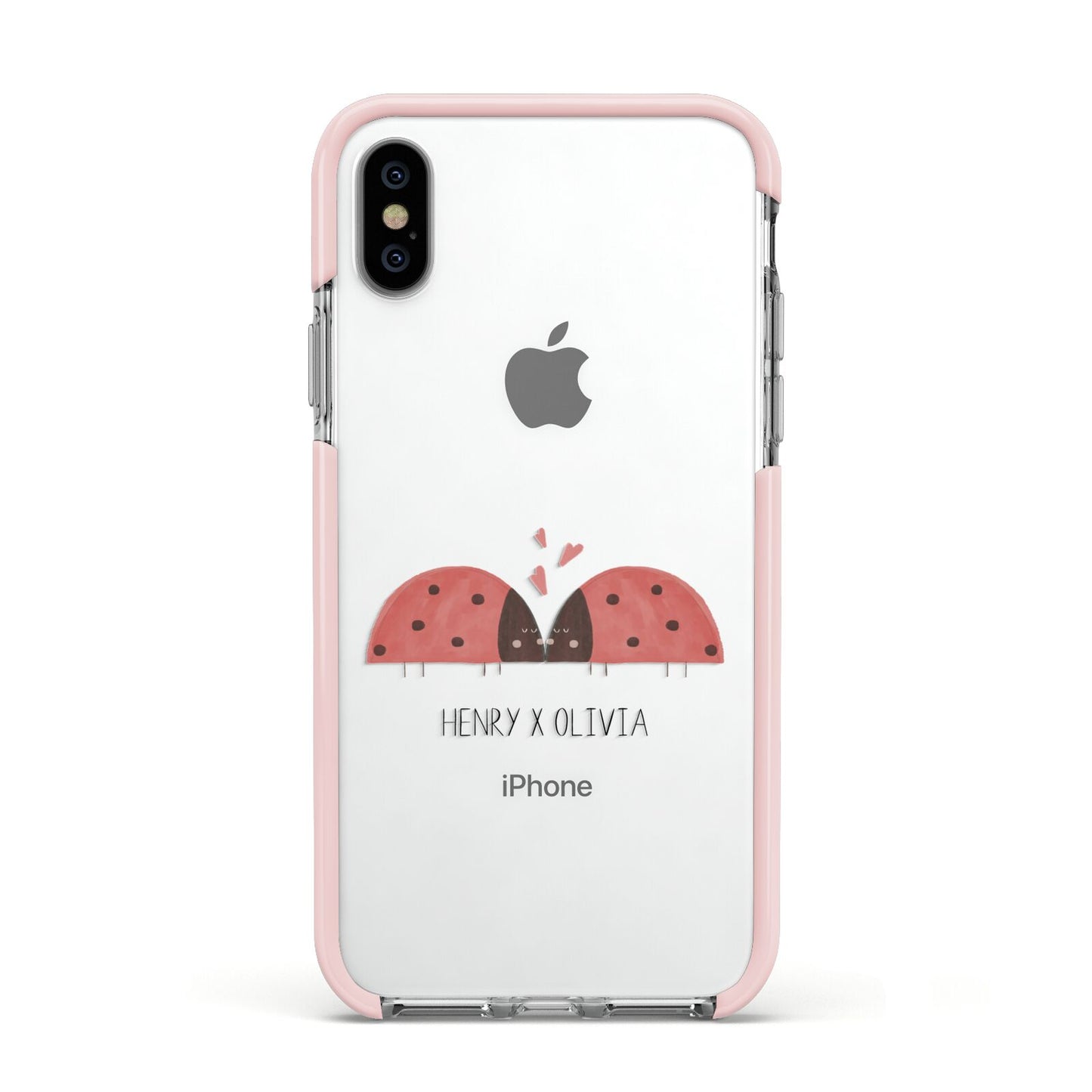 Two Ladybirds Apple iPhone Xs Impact Case Pink Edge on Silver Phone