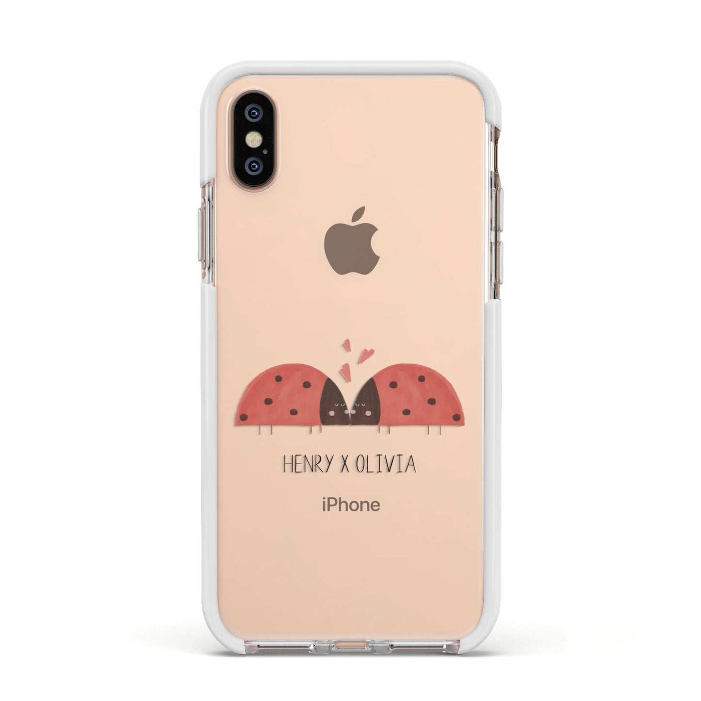 Two Ladybirds Apple iPhone Xs Impact Case White Edge on Gold Phone