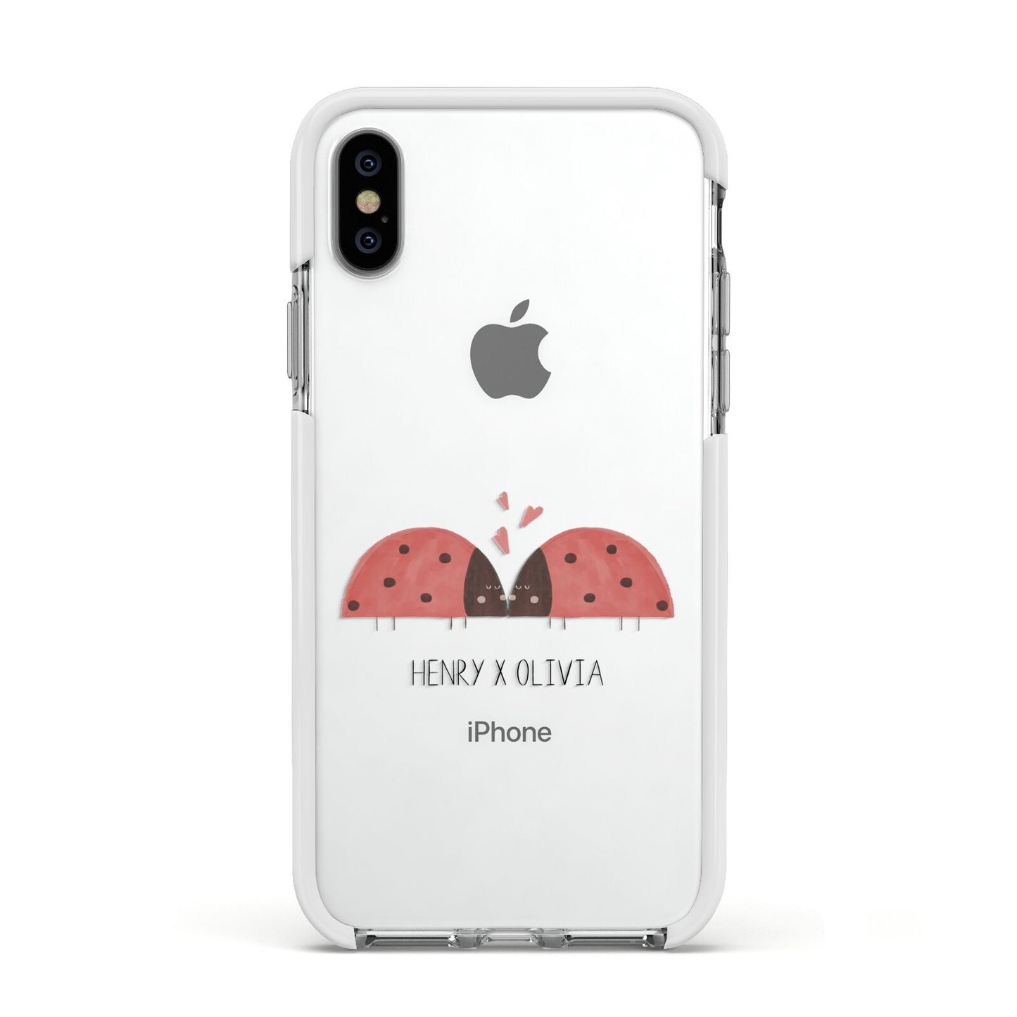 Two Ladybirds Apple iPhone Xs Impact Case White Edge on Silver Phone