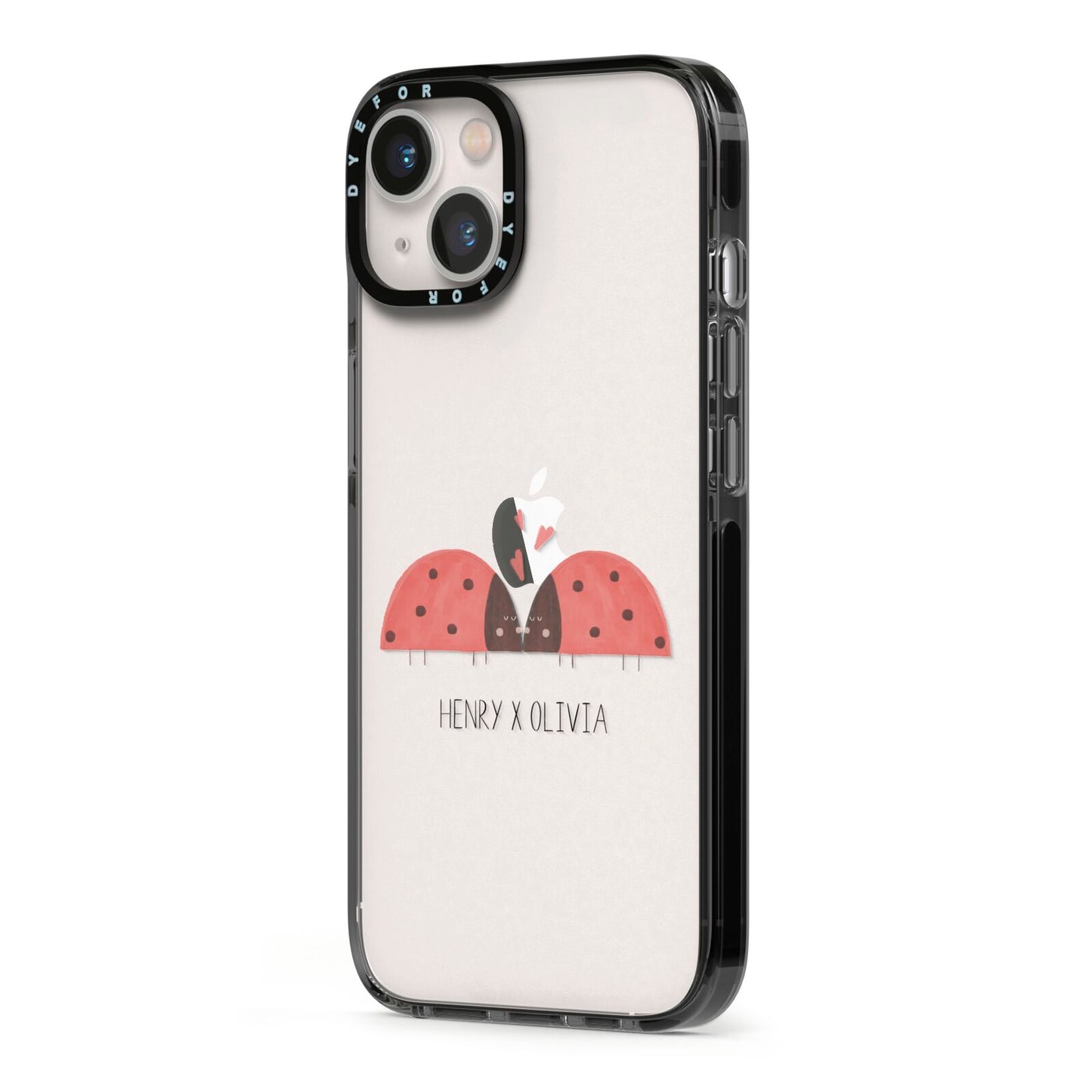 Two Ladybirds iPhone 13 Black Impact Case Side Angle on Silver phone