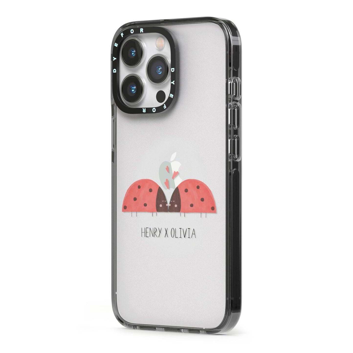 Two Ladybirds iPhone 13 Pro Black Impact Case Side Angle on Silver phone