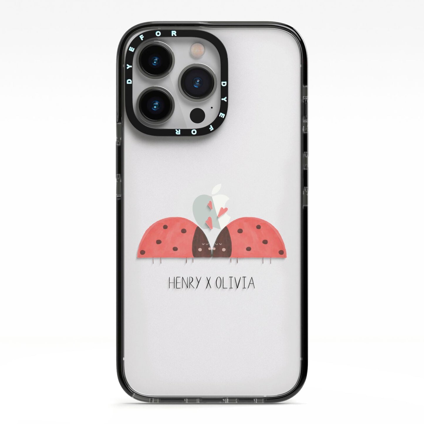 Two Ladybirds iPhone 13 Pro Black Impact Case on Silver phone