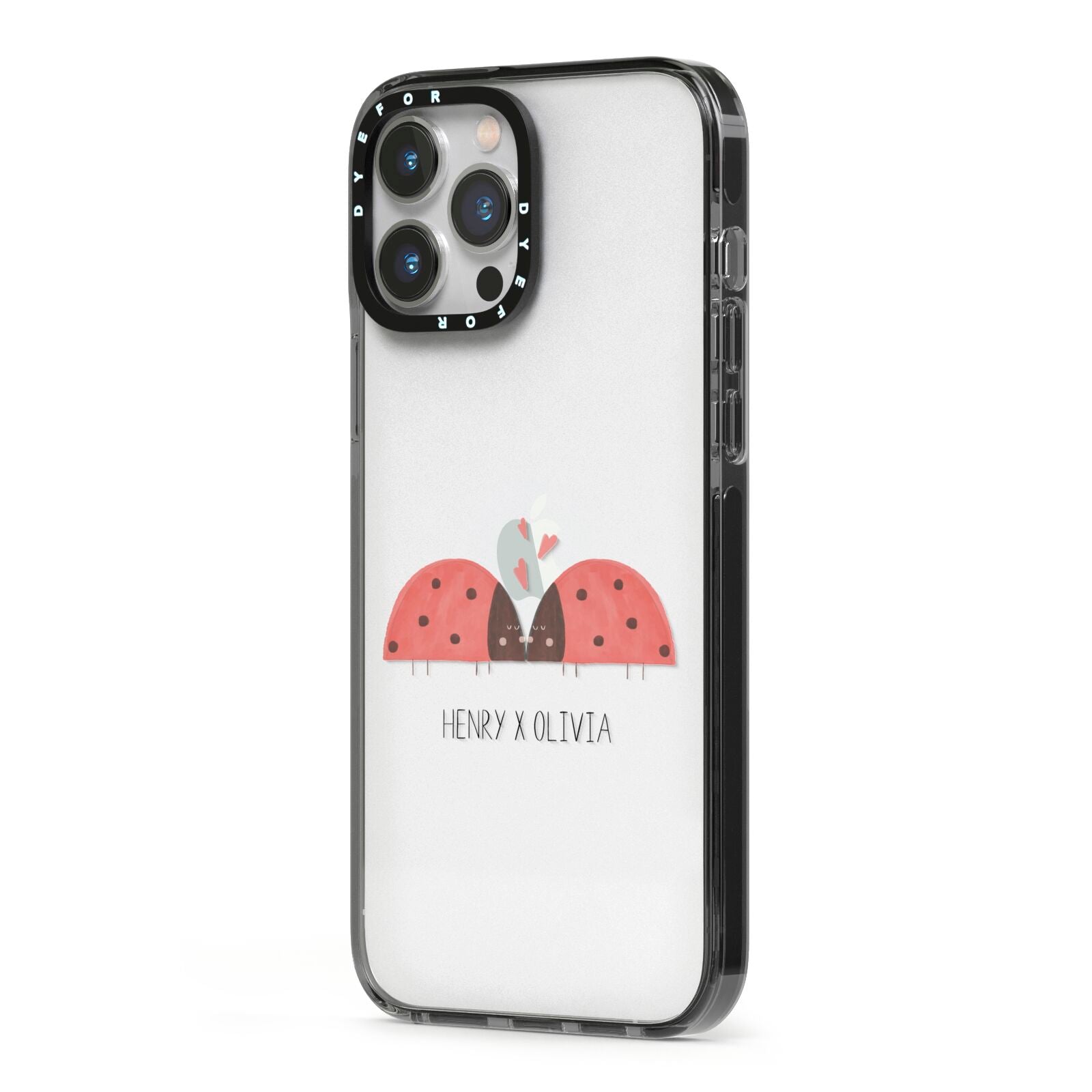 Two Ladybirds iPhone 13 Pro Max Black Impact Case Side Angle on Silver phone