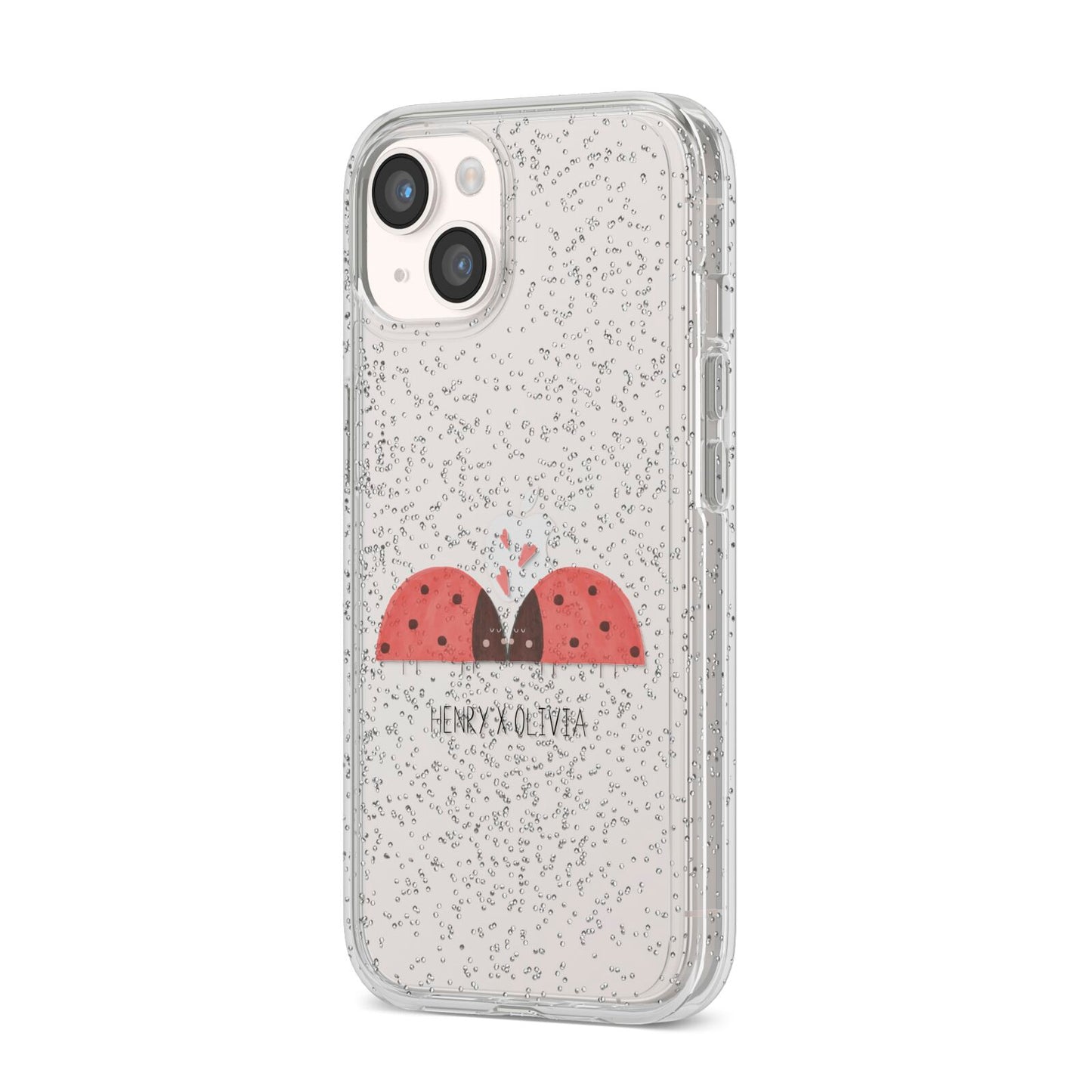 Two Ladybirds iPhone 14 Glitter Tough Case Starlight Angled Image