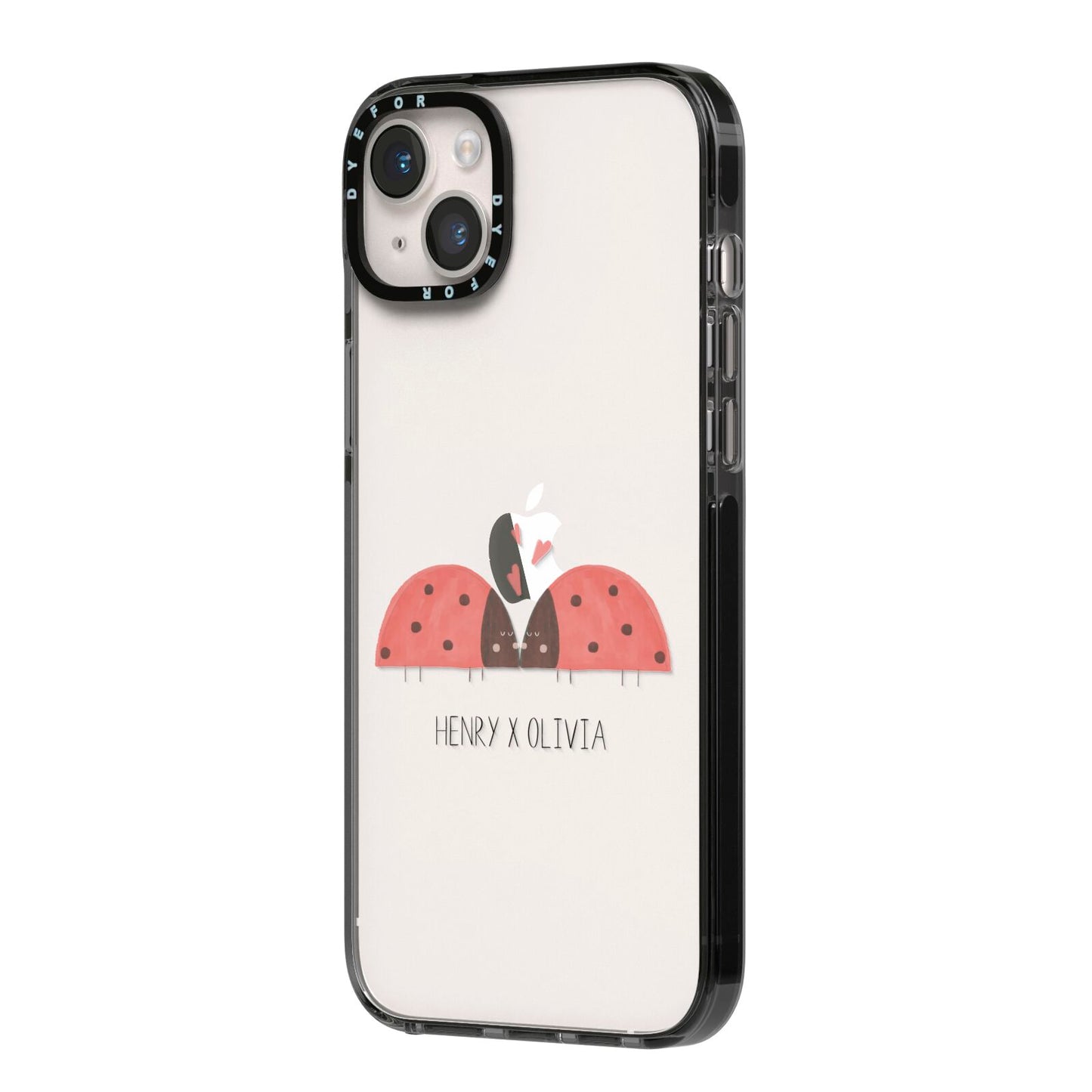Two Ladybirds iPhone 14 Plus Black Impact Case Side Angle on Silver phone