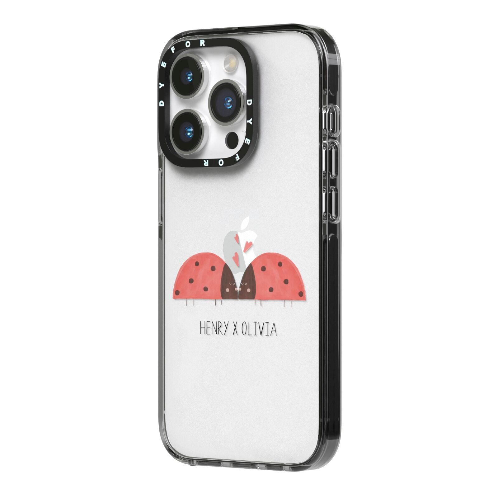 Two Ladybirds iPhone 14 Pro Black Impact Case Side Angle on Silver phone
