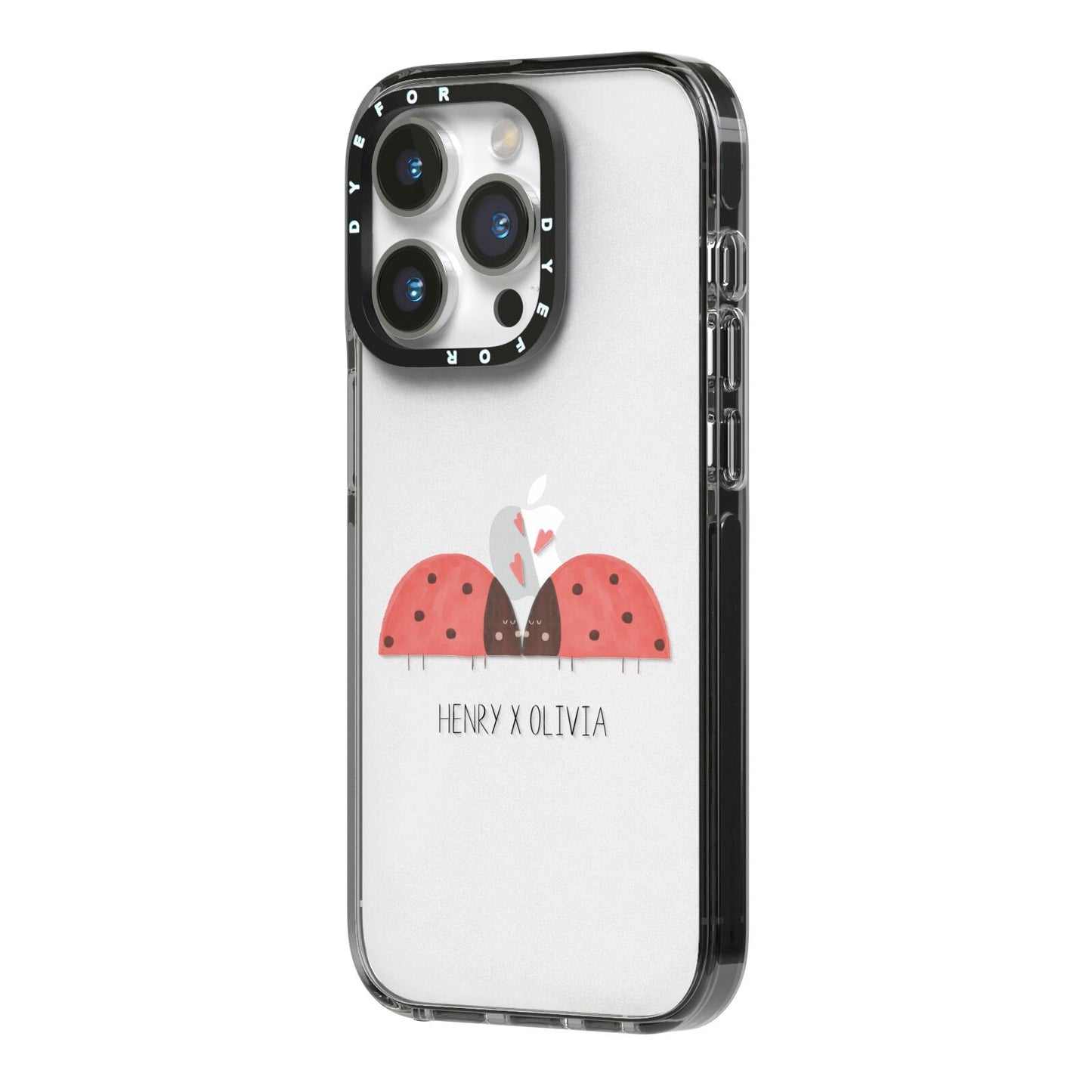 Two Ladybirds iPhone 14 Pro Black Impact Case Side Angle on Silver phone