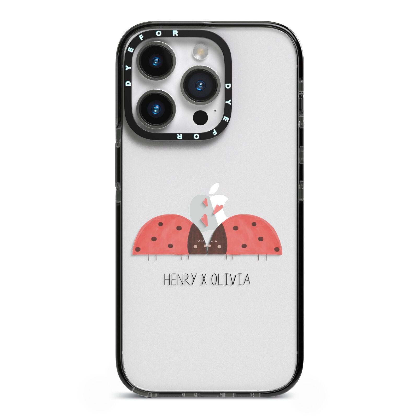 Two Ladybirds iPhone 14 Pro Black Impact Case on Silver phone