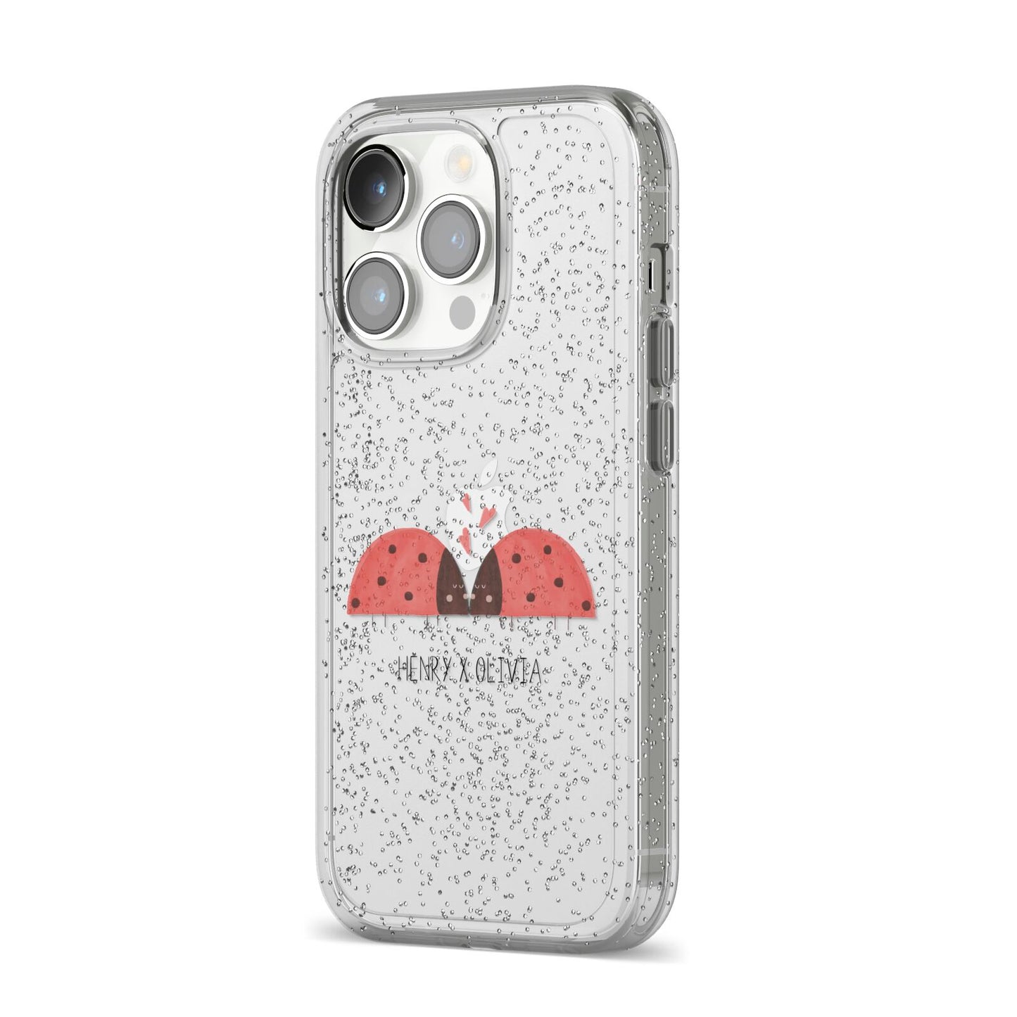 Two Ladybirds iPhone 14 Pro Glitter Tough Case Silver Angled Image