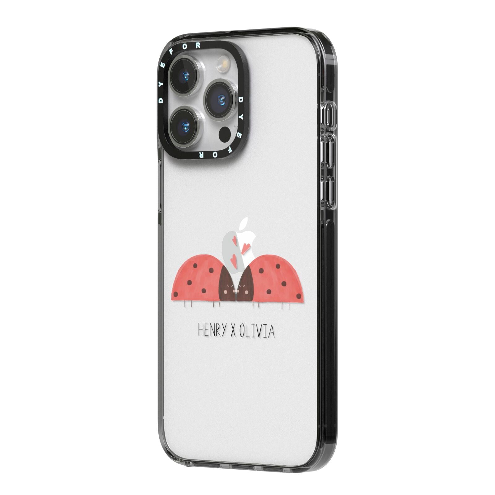 Two Ladybirds iPhone 14 Pro Max Black Impact Case Side Angle on Silver phone