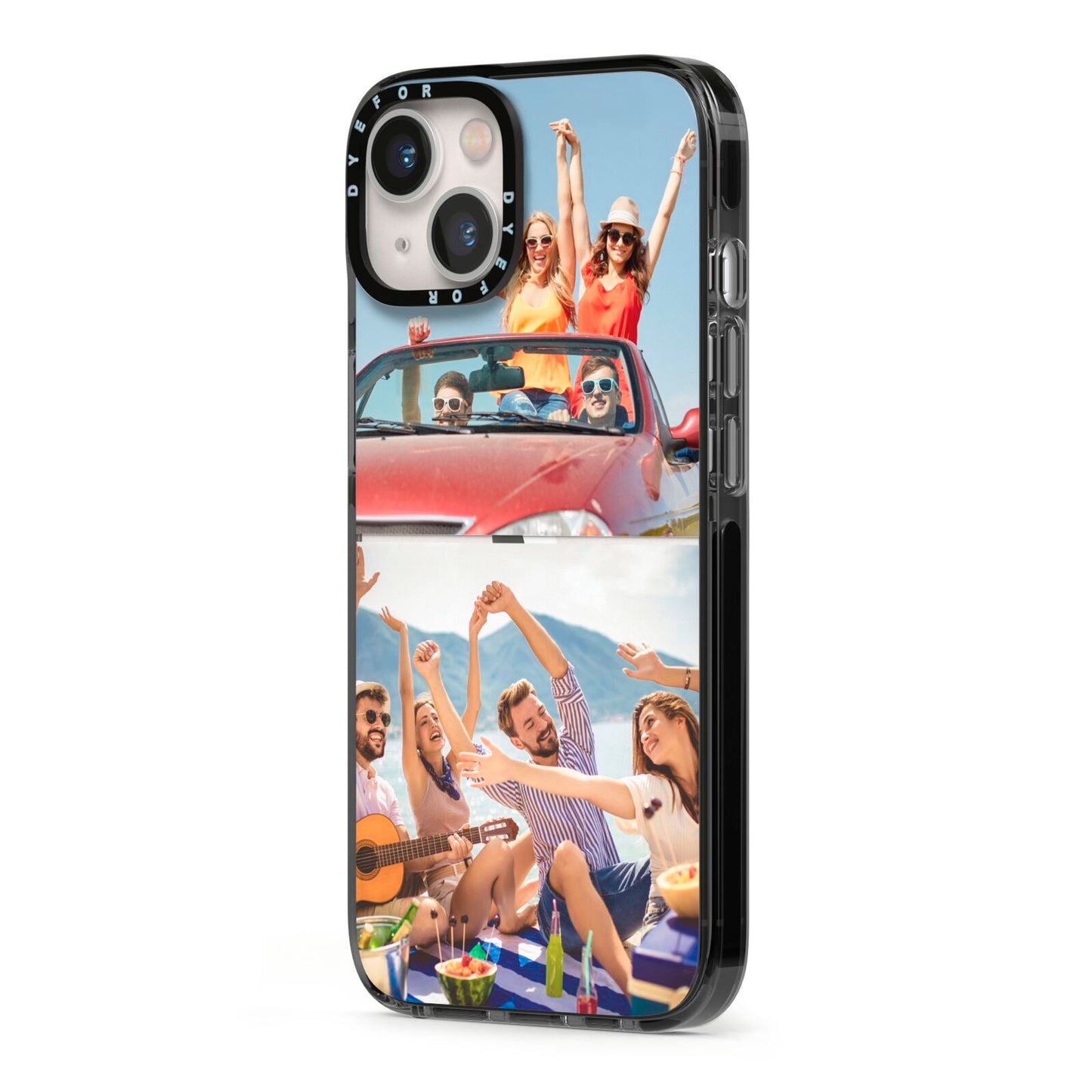 Two Photo iPhone 13 Black Impact Case Side Angle on Silver phone
