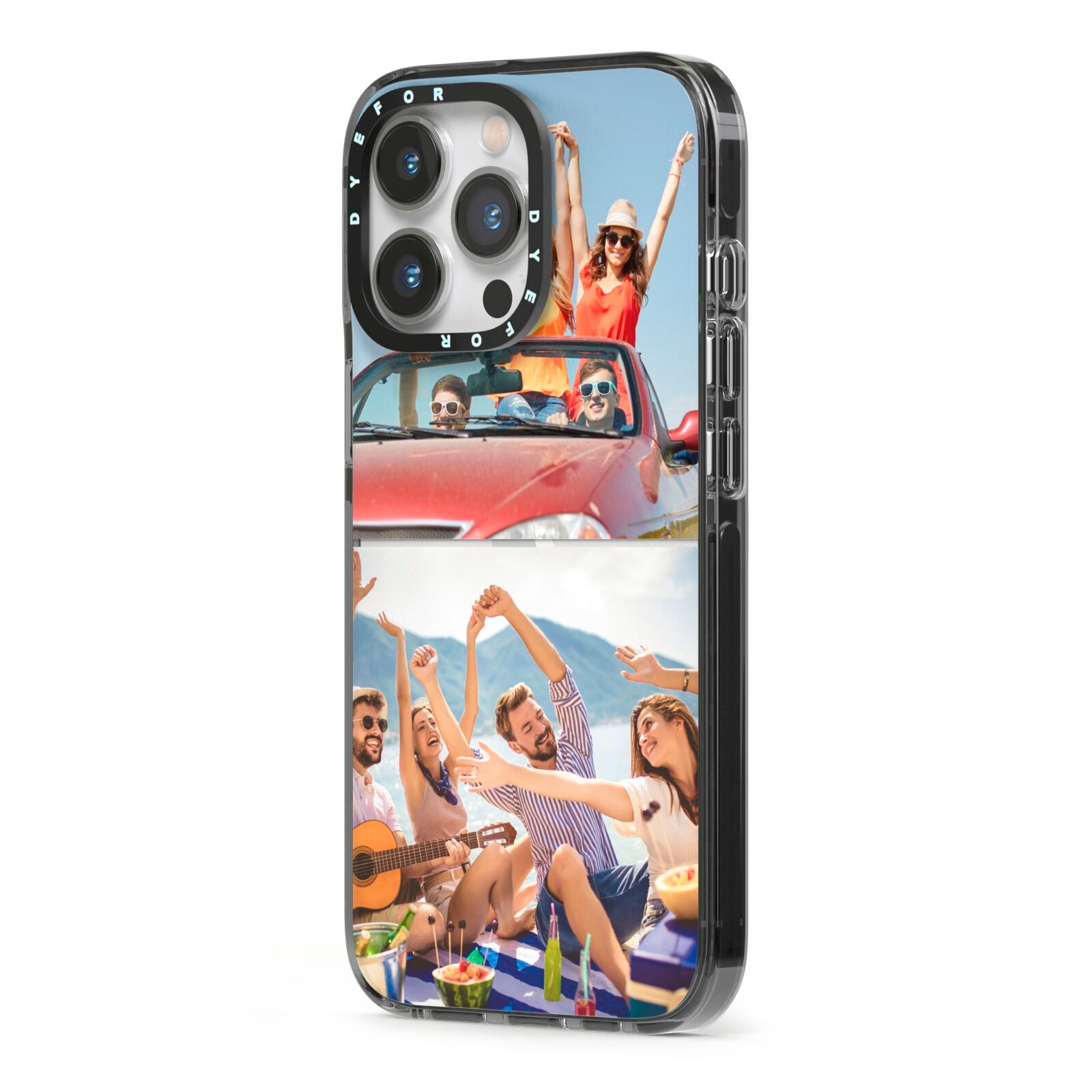 Two Photo iPhone 13 Pro Black Impact Case Side Angle on Silver phone
