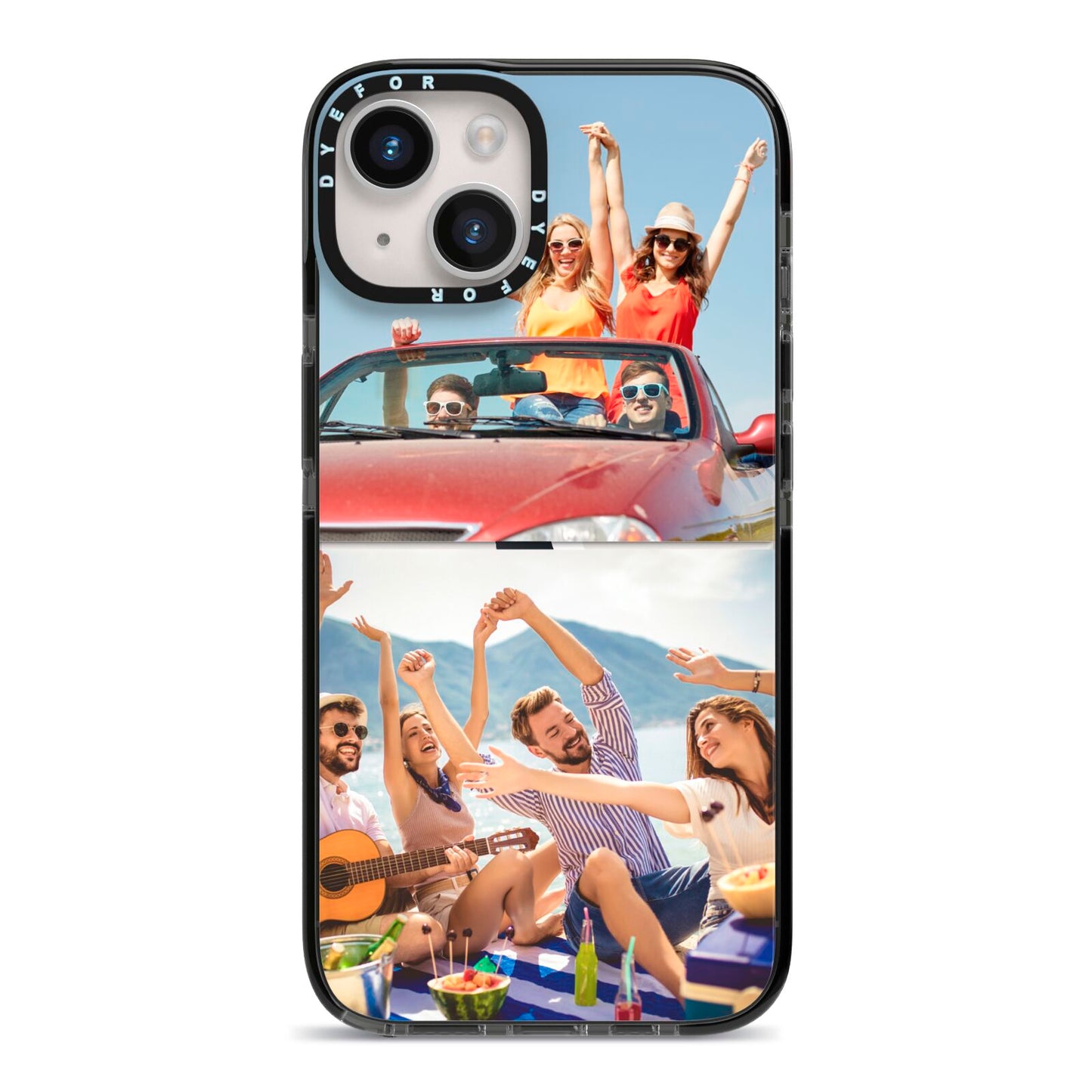 Two Photo iPhone 14 Black Impact Case on Silver phone