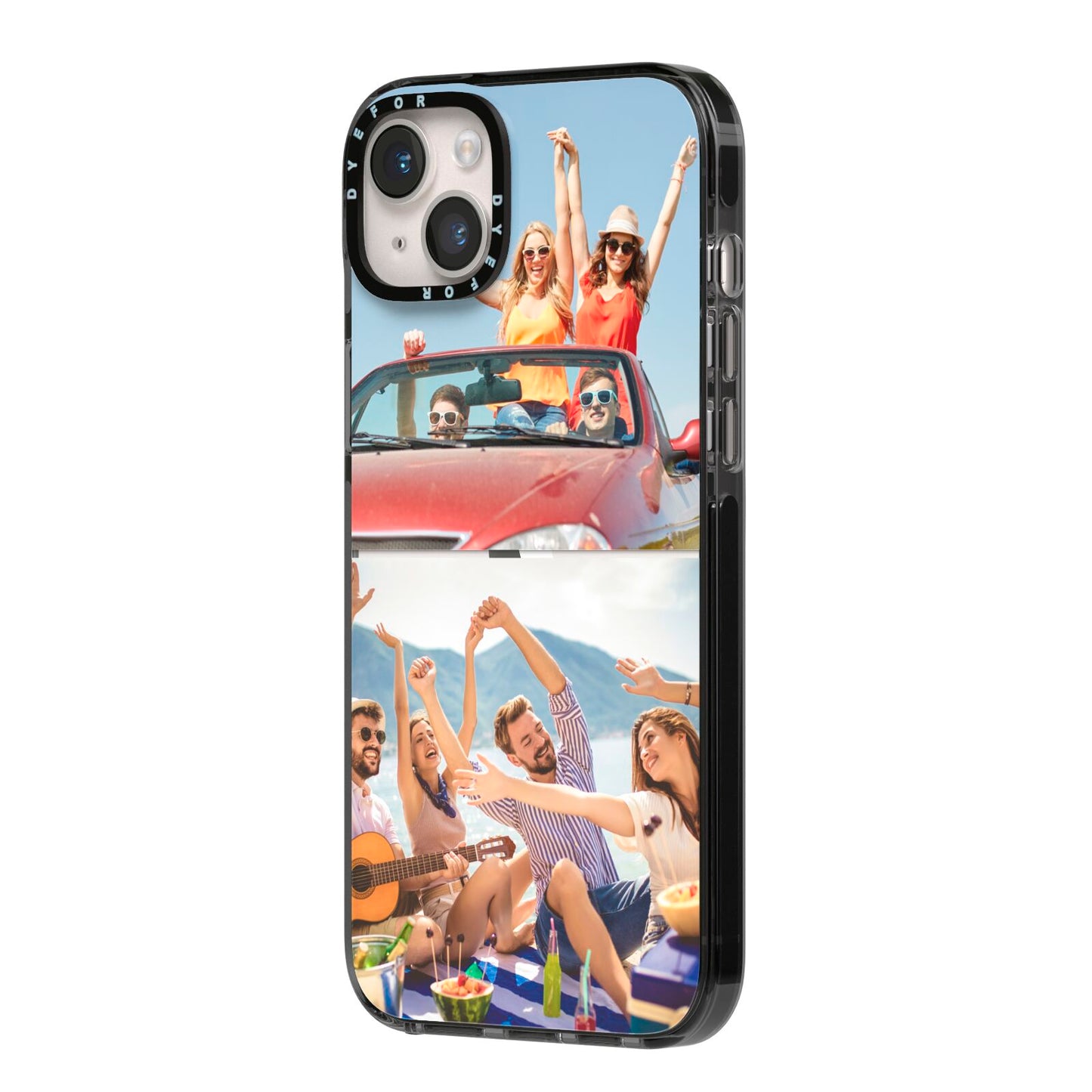 Two Photo iPhone 14 Plus Black Impact Case Side Angle on Silver phone
