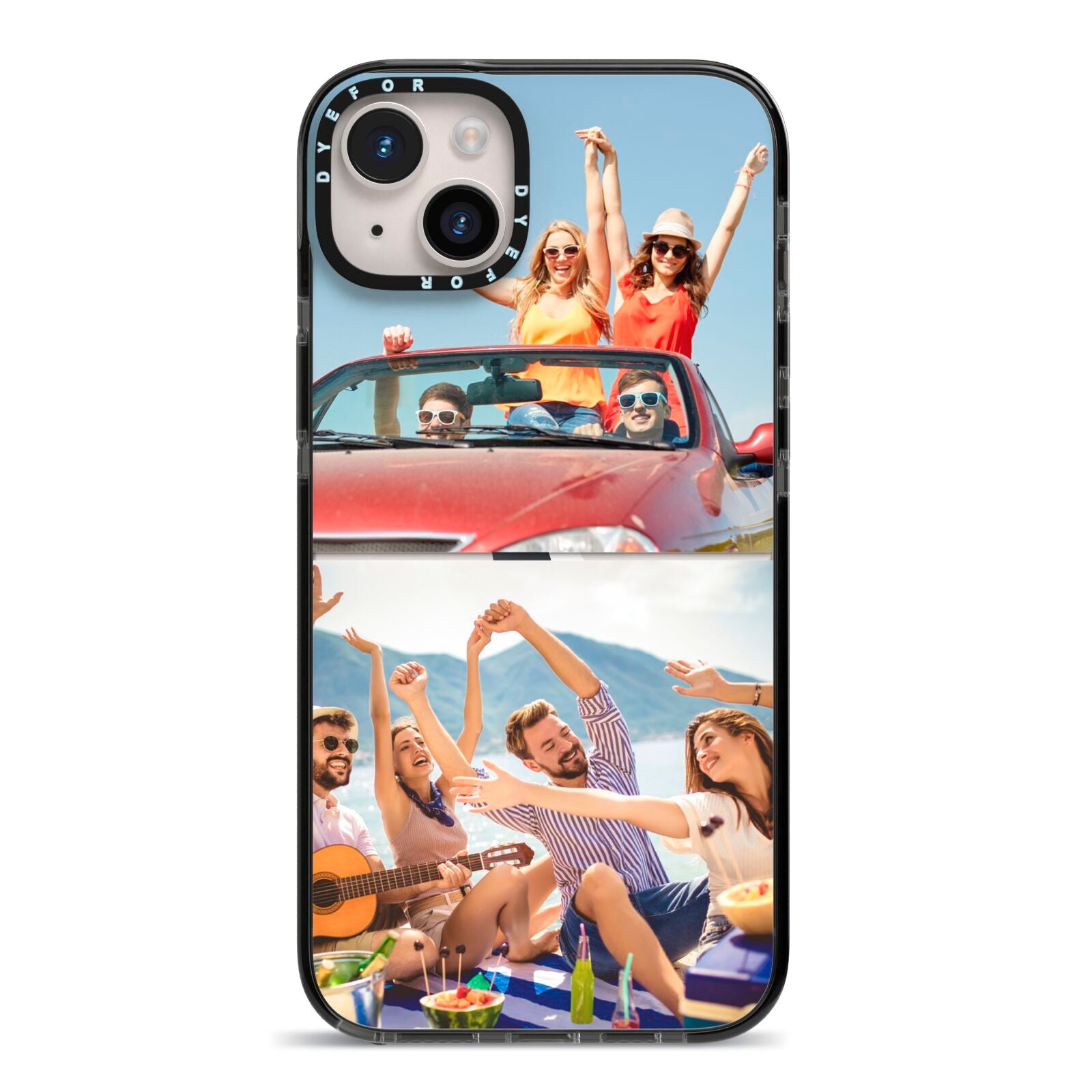 Two Photo iPhone 14 Plus Black Impact Case on Silver phone