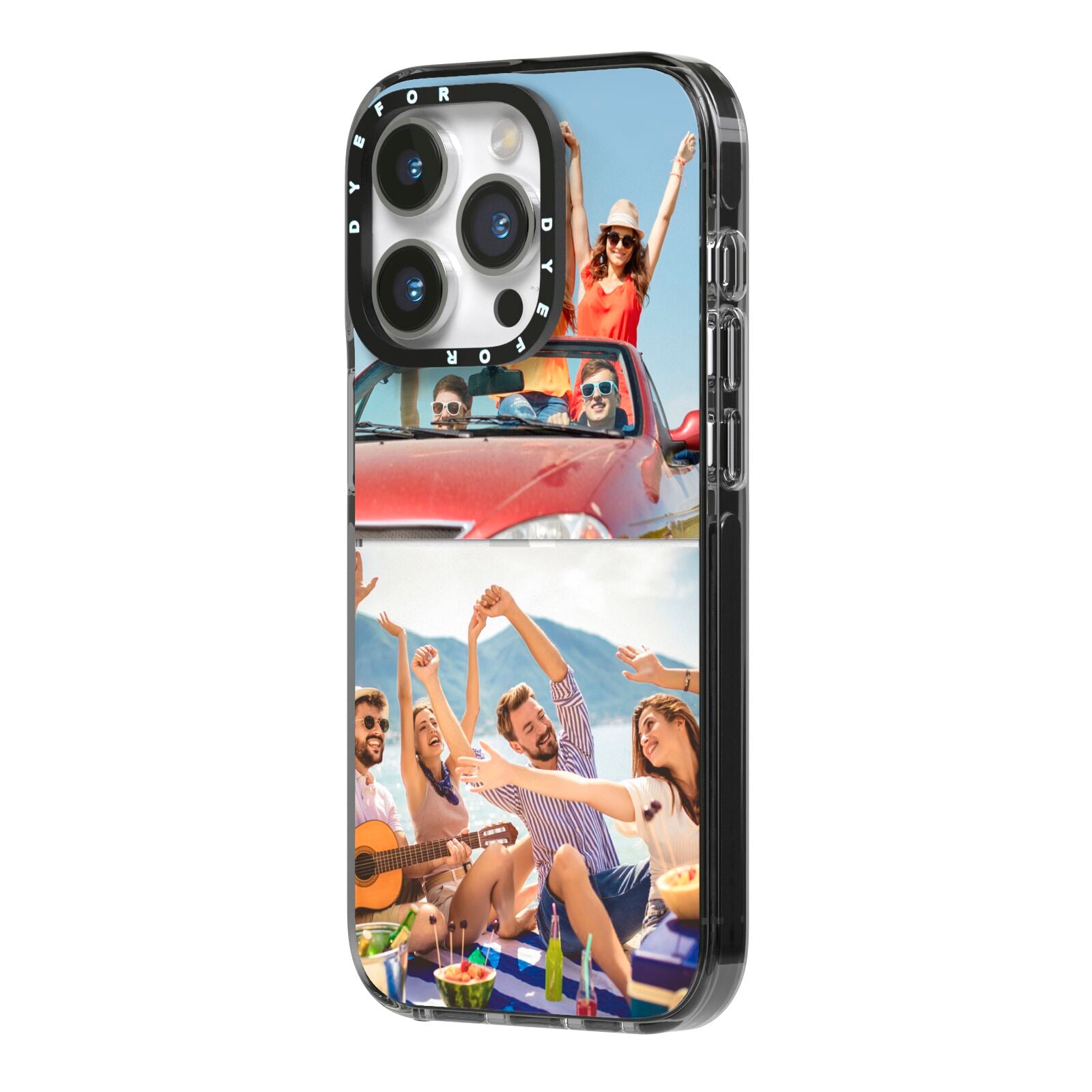 Two Photo iPhone 14 Pro Black Impact Case Side Angle on Silver phone