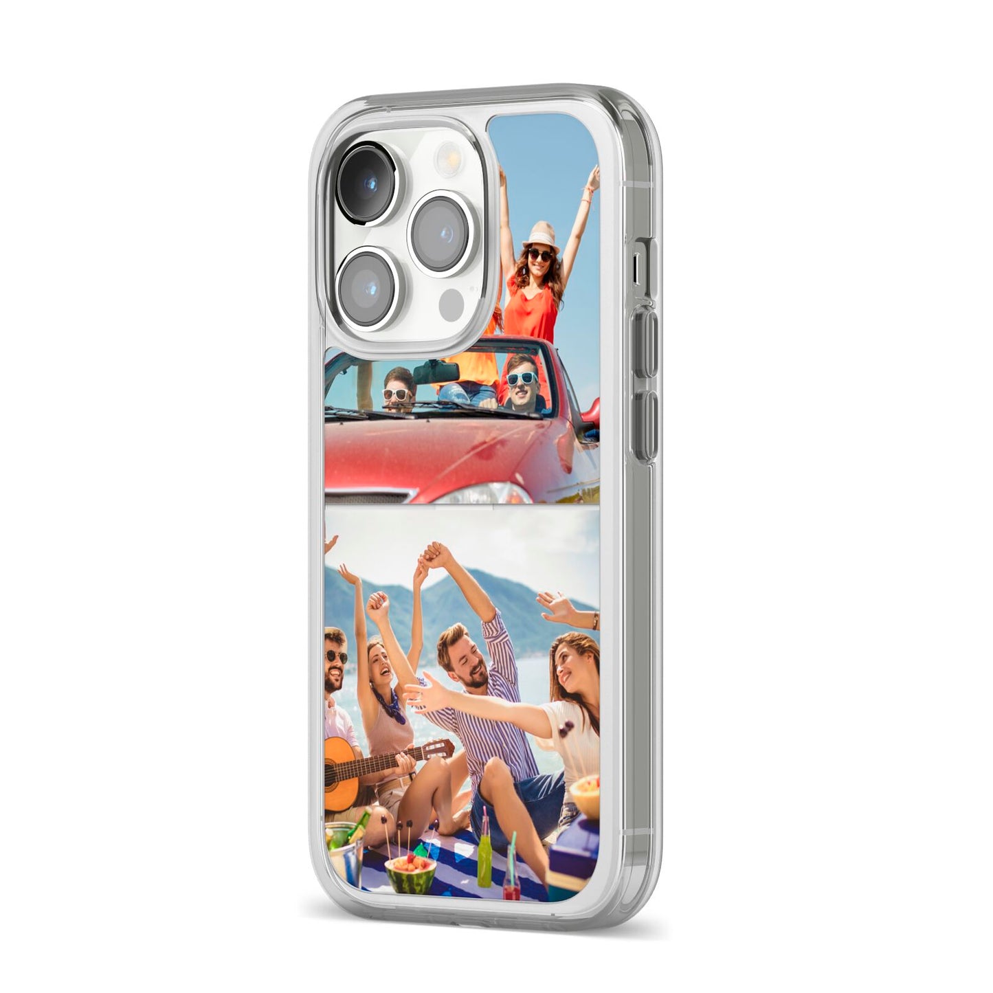 Two Photo iPhone 14 Pro Clear Tough Case Silver Angled Image