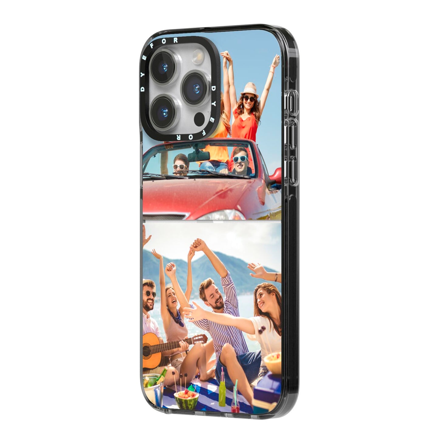 Two Photo iPhone 14 Pro Max Black Impact Case Side Angle on Silver phone