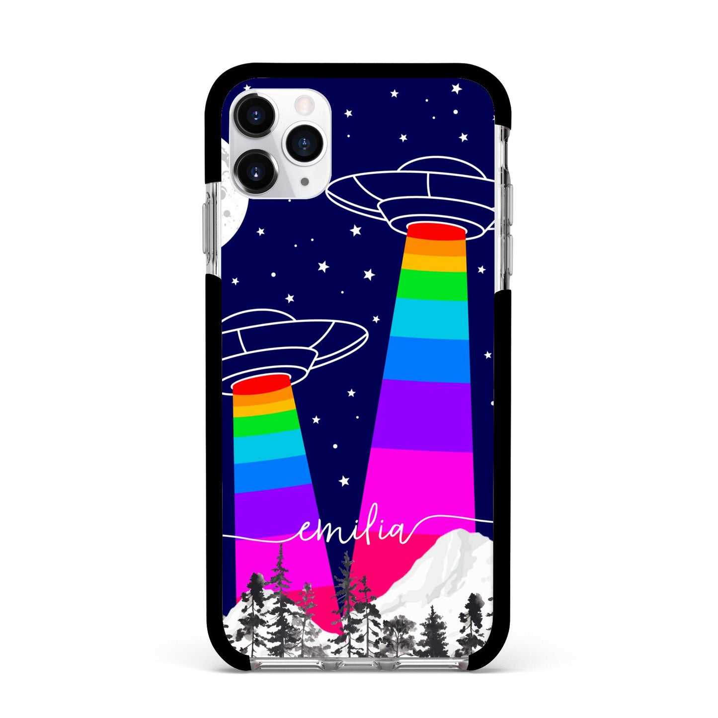 UFO Forest Scene Personalised Name Apple iPhone 11 Pro Max in Silver with Black Impact Case