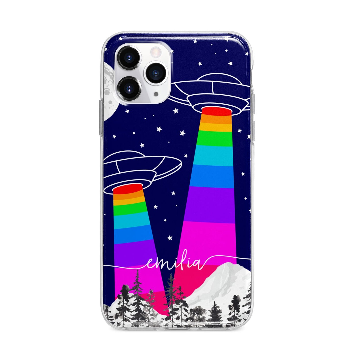 UFO Forest Scene Personalised Name Apple iPhone 11 Pro Max in Silver with Bumper Case