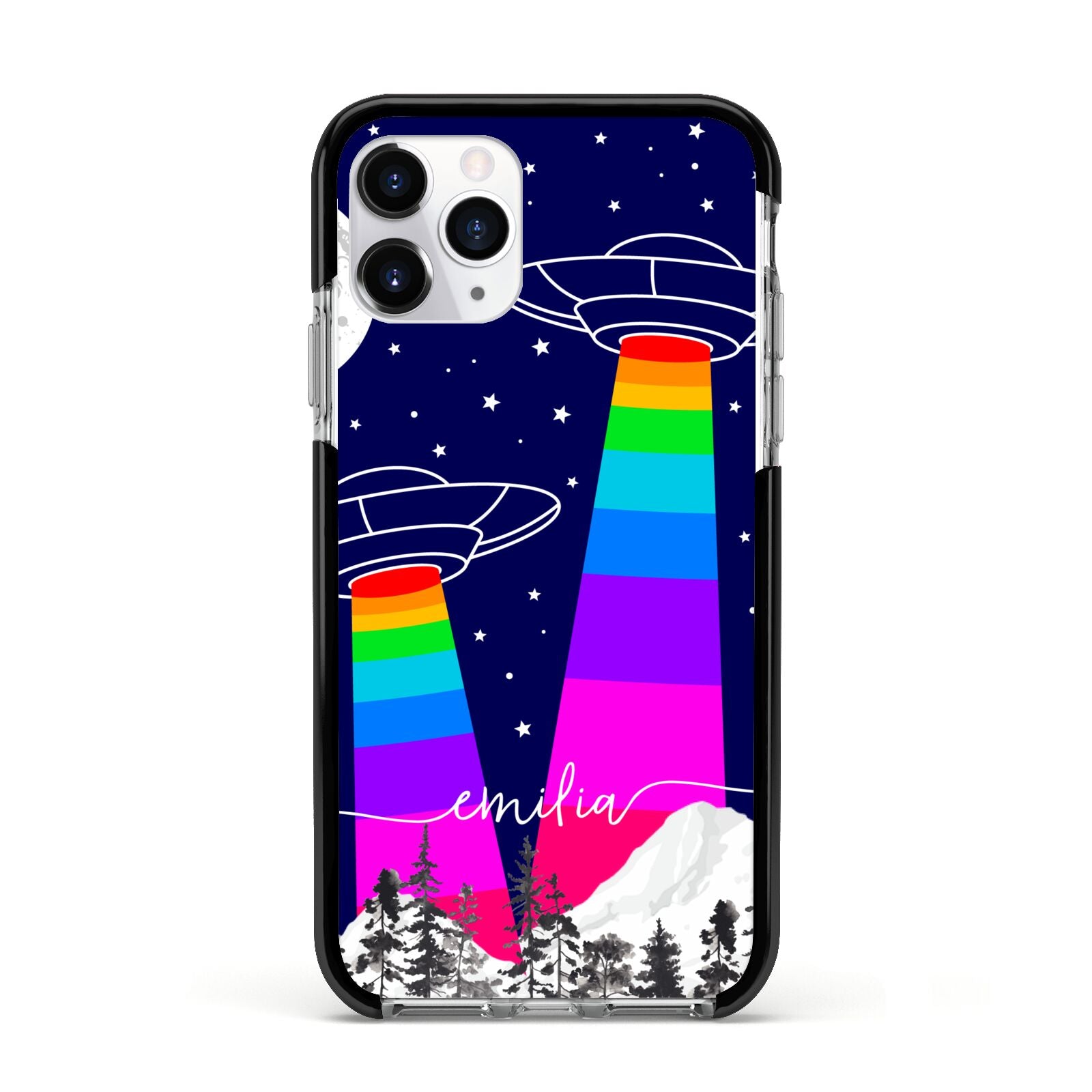 UFO Forest Scene Personalised Name Apple iPhone 11 Pro in Silver with Black Impact Case