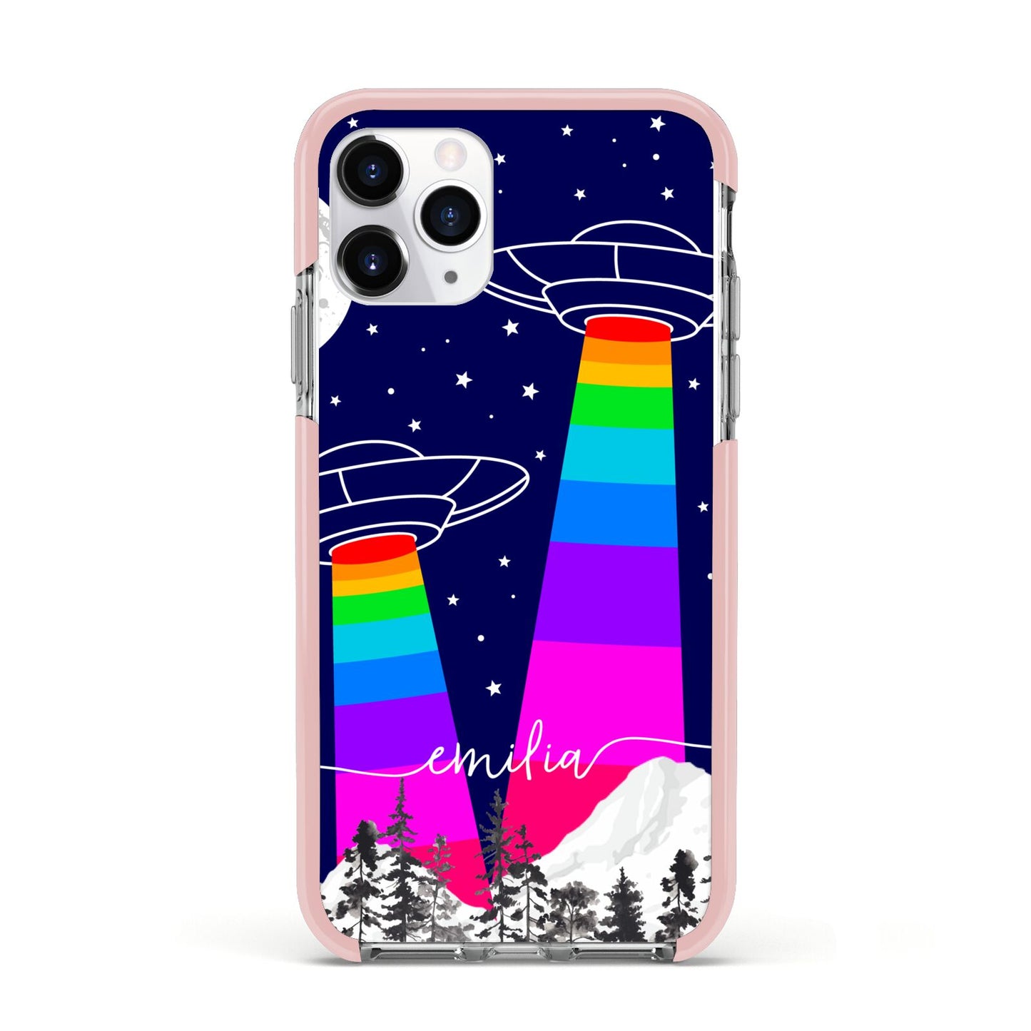 UFO Forest Scene Personalised Name Apple iPhone 11 Pro in Silver with Pink Impact Case