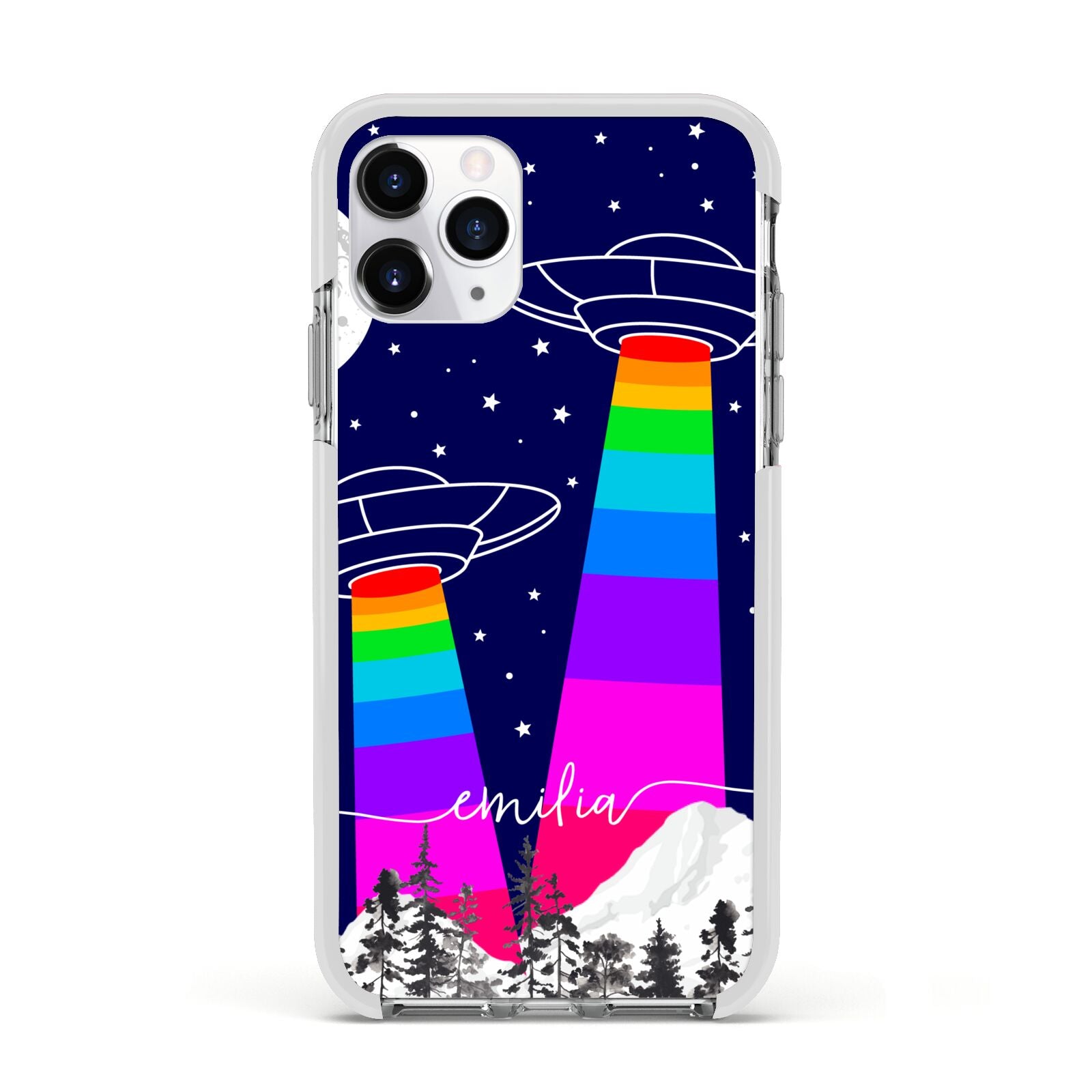 UFO Forest Scene Personalised Name Apple iPhone 11 Pro in Silver with White Impact Case