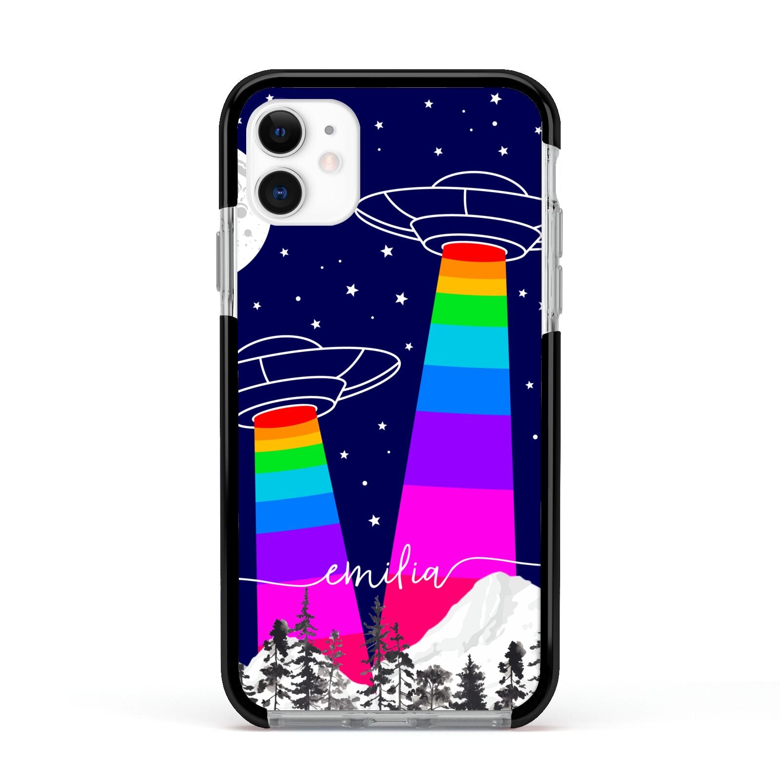 UFO Forest Scene Personalised Name Apple iPhone 11 in White with Black Impact Case