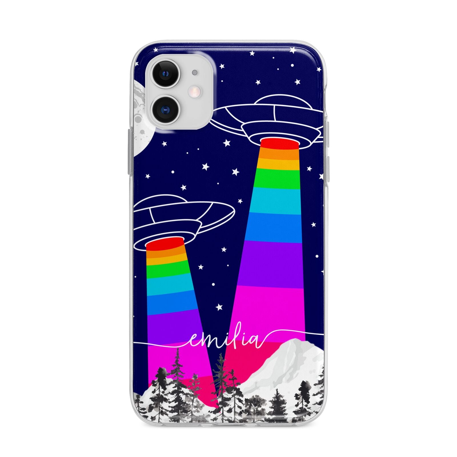 UFO Forest Scene Personalised Name Apple iPhone 11 in White with Bumper Case