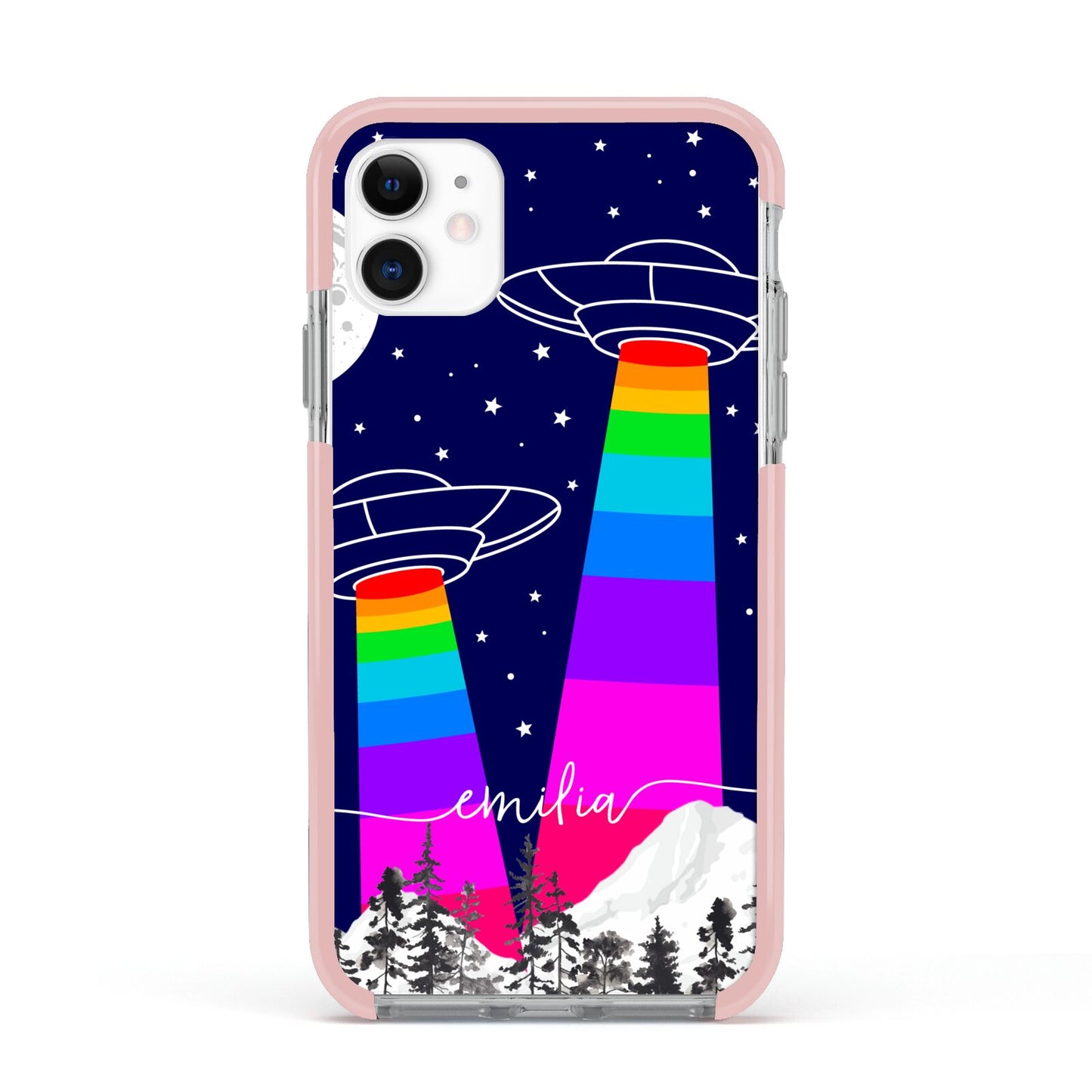 UFO Forest Scene Personalised Name Apple iPhone 11 in White with Pink Impact Case