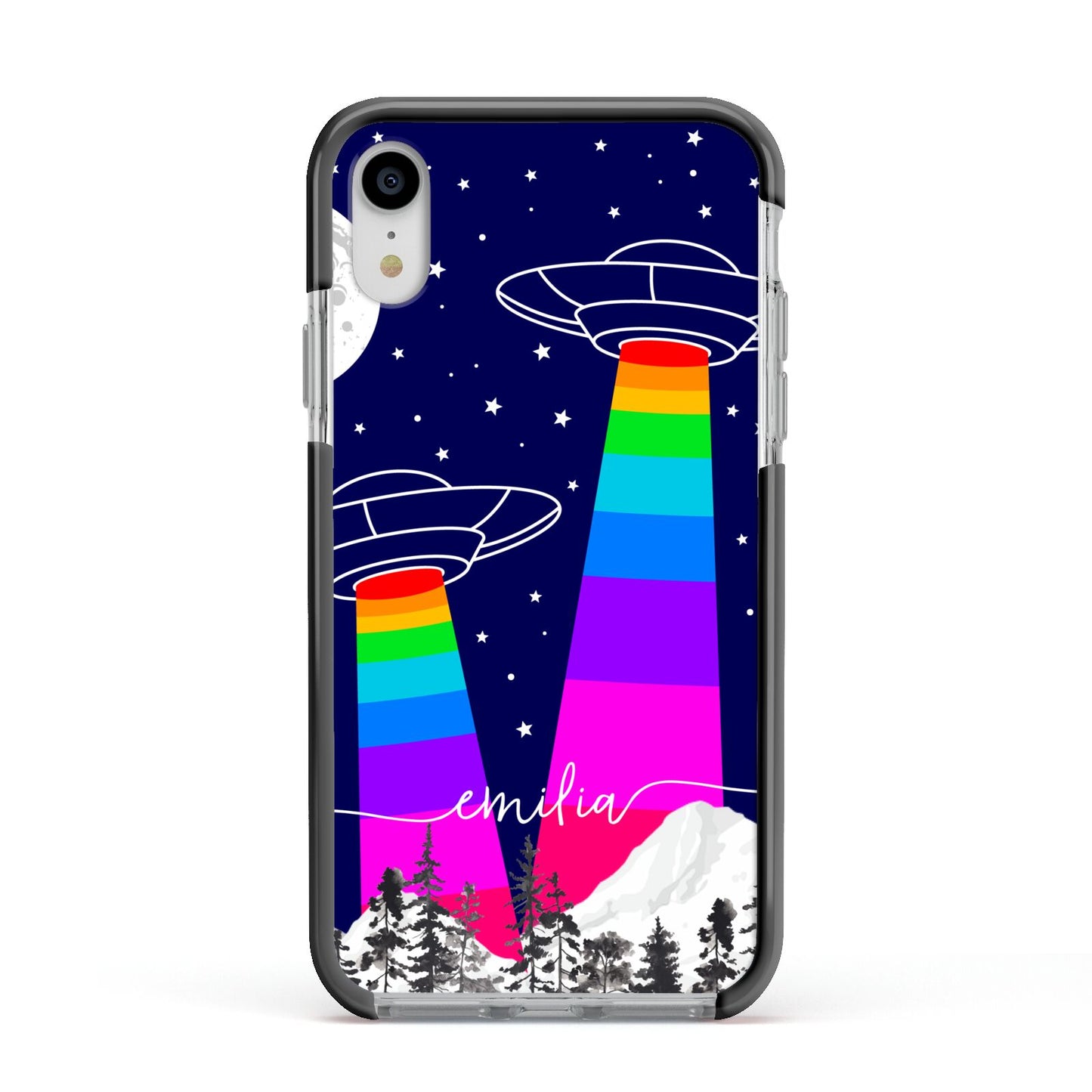UFO Forest Scene Personalised Name Apple iPhone XR Impact Case Black Edge on Silver Phone