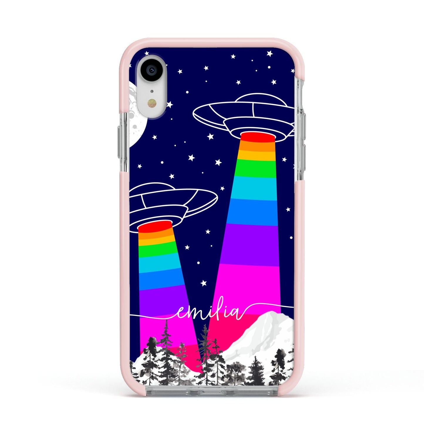 UFO Forest Scene Personalised Name Apple iPhone XR Impact Case Pink Edge on Silver Phone