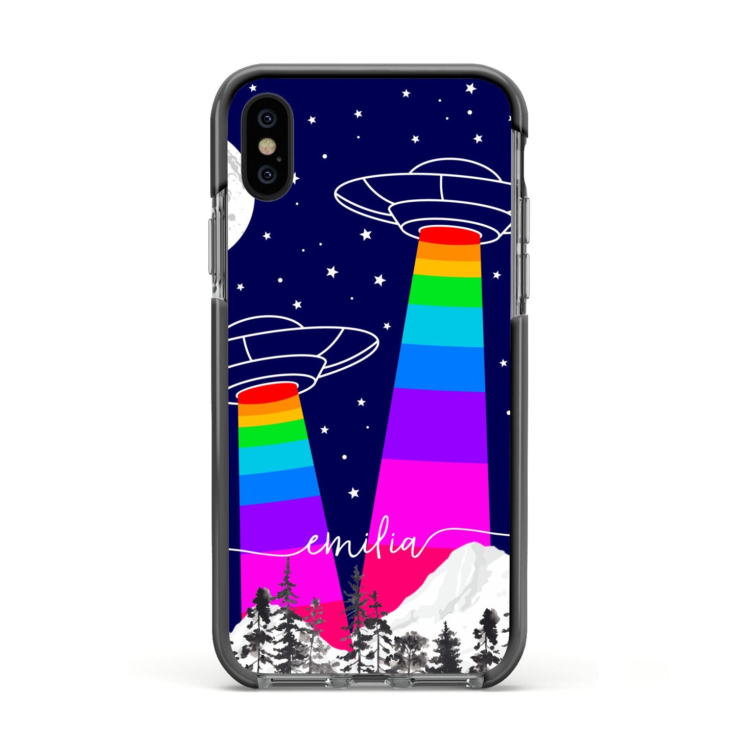 UFO Forest Scene Personalised Name Apple iPhone Xs Impact Case Black Edge on Black Phone