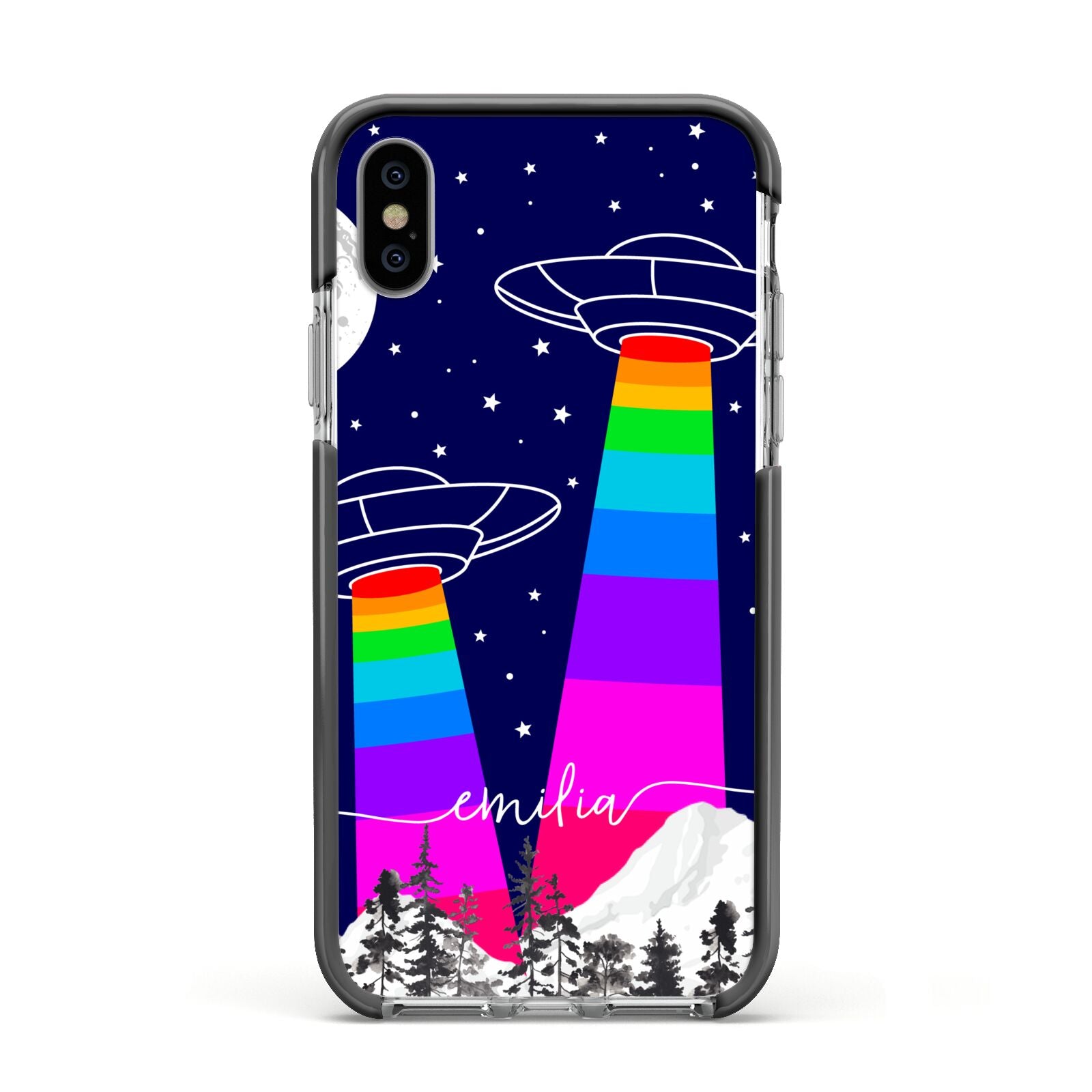 UFO Forest Scene Personalised Name Apple iPhone Xs Impact Case Black Edge on Silver Phone