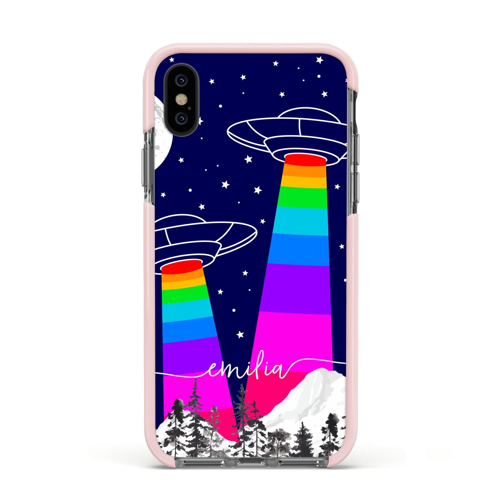 UFO Forest Scene Personalised Name Apple iPhone Xs Impact Case Pink Edge on Black Phone